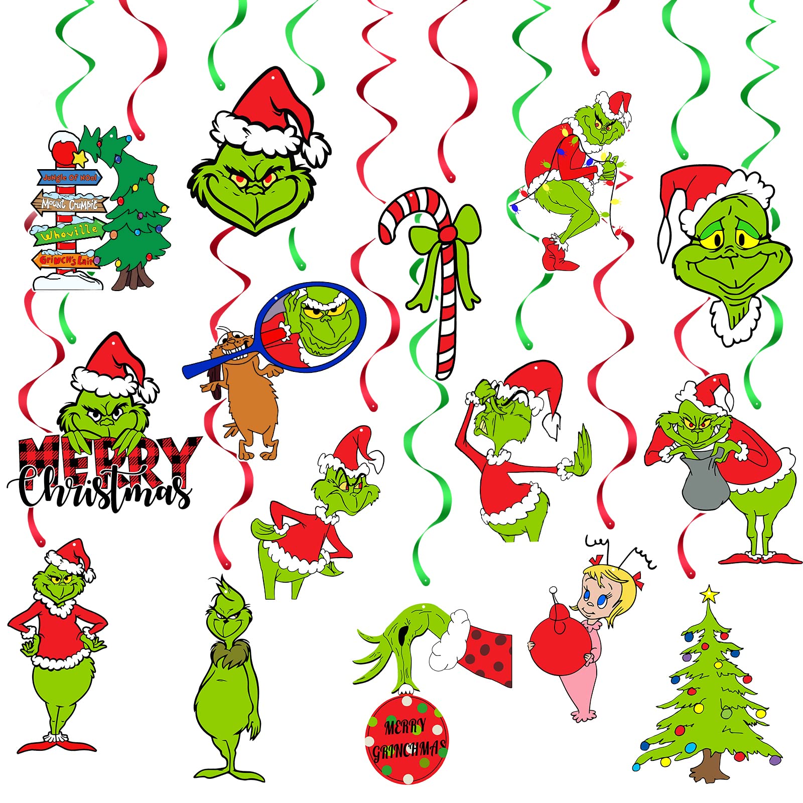 Grinch Christmas Hanging Swirls Decorations - 30Pcs Whoville Themed Ceiling Streamers for Holiday Parties, Birthday Decor & Festive Home Decor | Perfect for Christmas Tree, Living Room, and Office Celebrations
