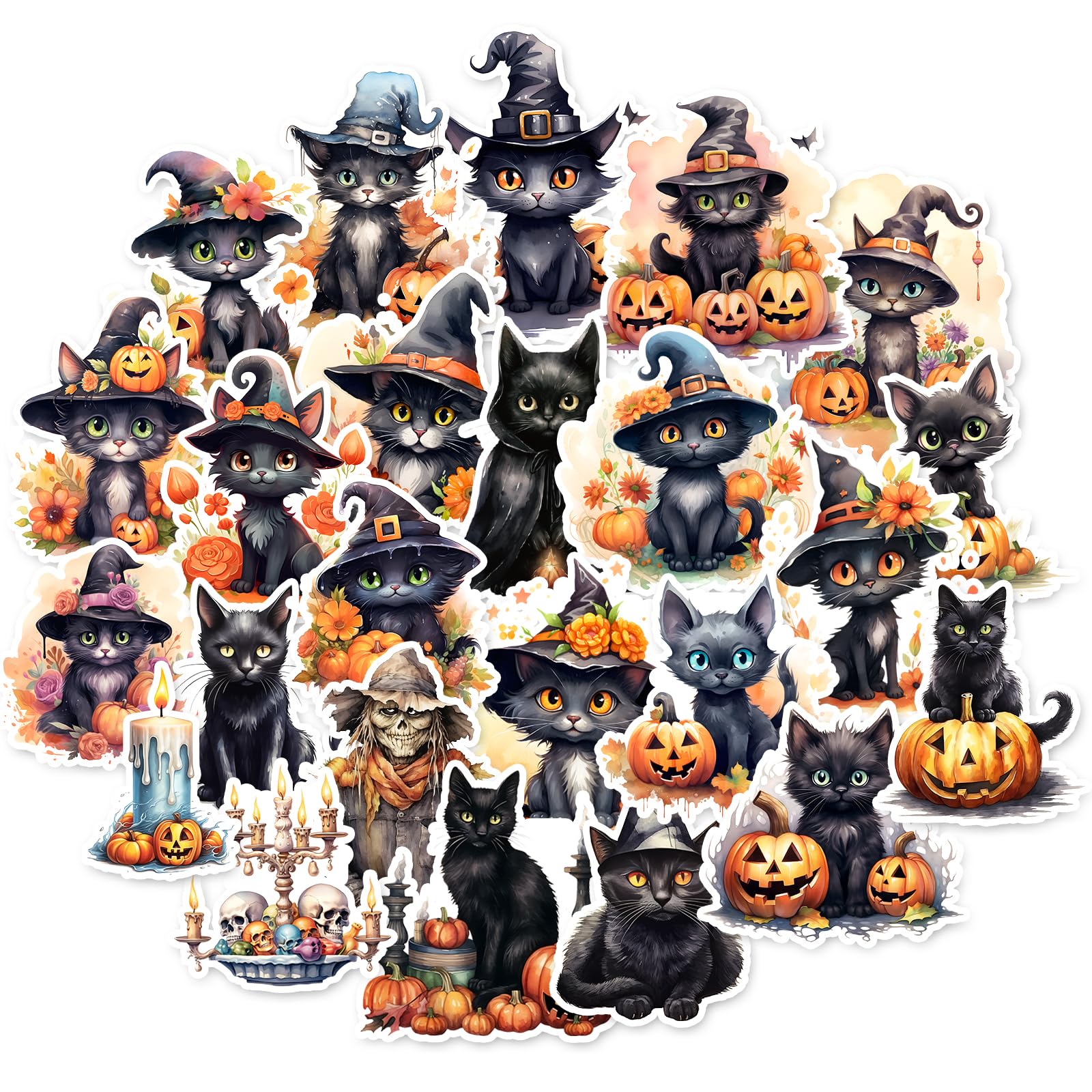 100 Pcs Halloween Stickers for Kids - Black Cat, Witch & Pumpkin Vinyl Stickers for Scrapbooking, Junk Journals, Collages - Waterproof Decals for Laptop, Water Bottles, Windows - Perfect for Halloween Party Favors & DIY Crafts
