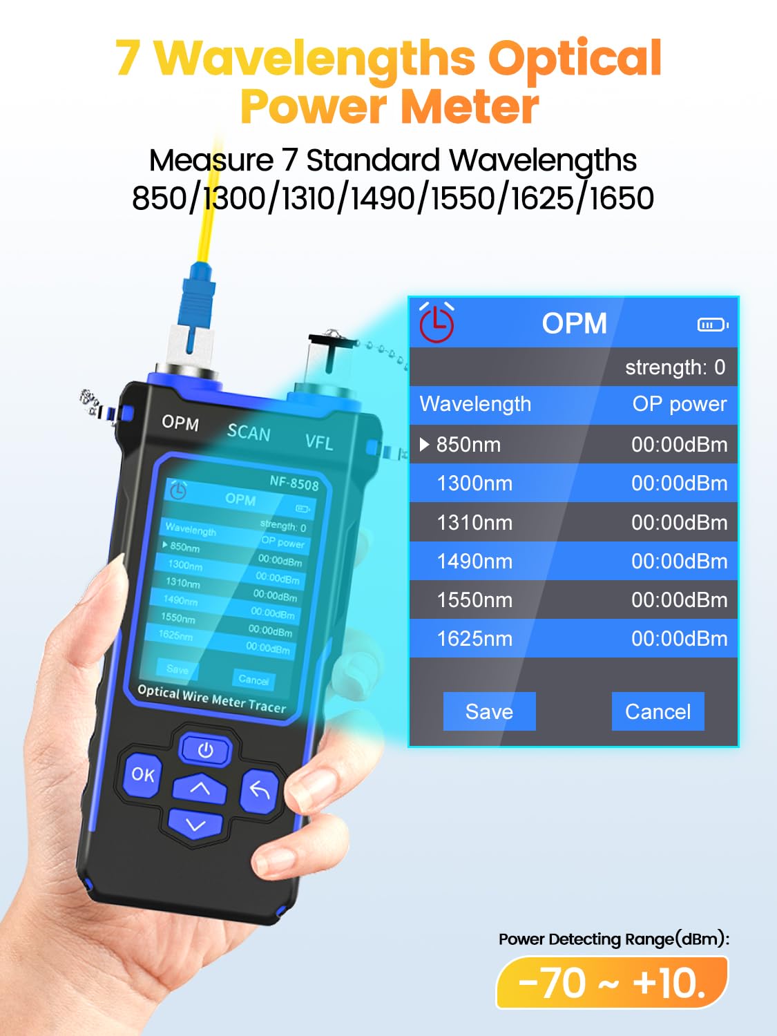 Professional Network Cable Tester with 7-Wavelength Optical Power Meter - CAT5/CAT6 Ethernet Tester, 10mW Visual Fault Locator, RJ11/RJ45 Connector - Lithium Battery PoE Wire Tracer with NCV & LED Light (Blue) - Ideal for IT Technicians, Network Installations & Home Office Setup