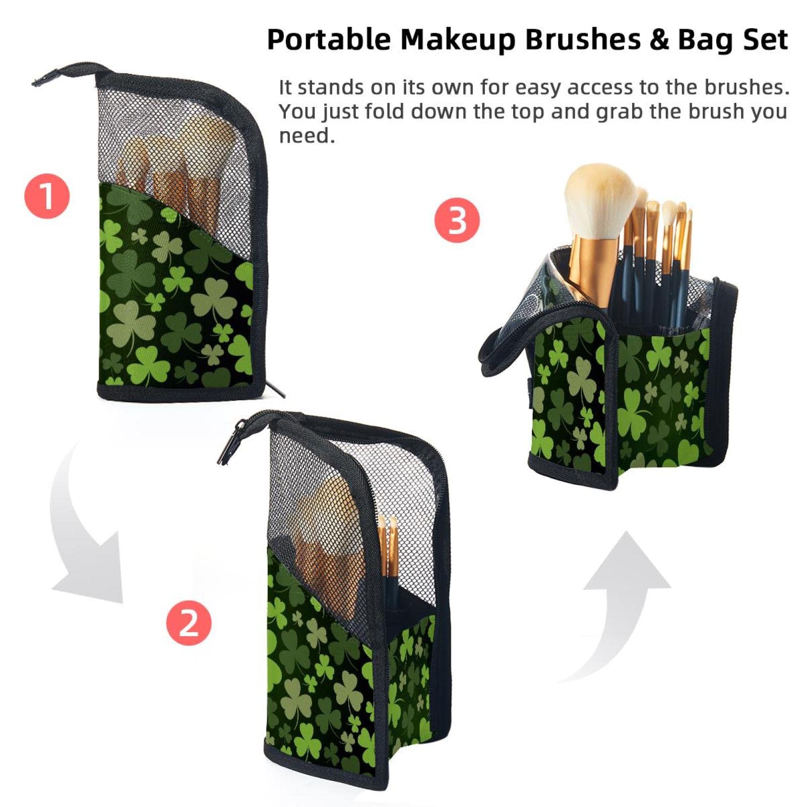 Portable Makeup Brush Organizer Bag with 12 Slots | St. Patrick's Day Leaf Print Cosmetic Brush Holder Case | Perfect for Travel & Home Vanity Organization