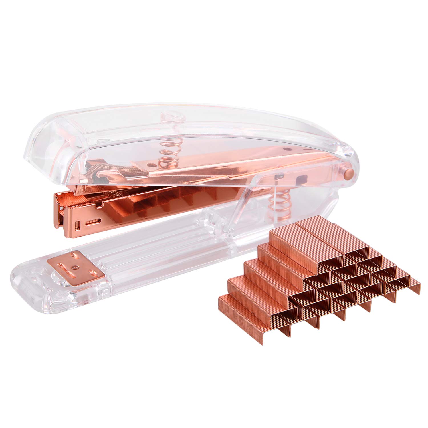 Alsisk Rose Gold Clear Desk Stapler with 1000 Staples - Heavy Duty Office Stapler for Paper, Documents, Homework & Craft Projects