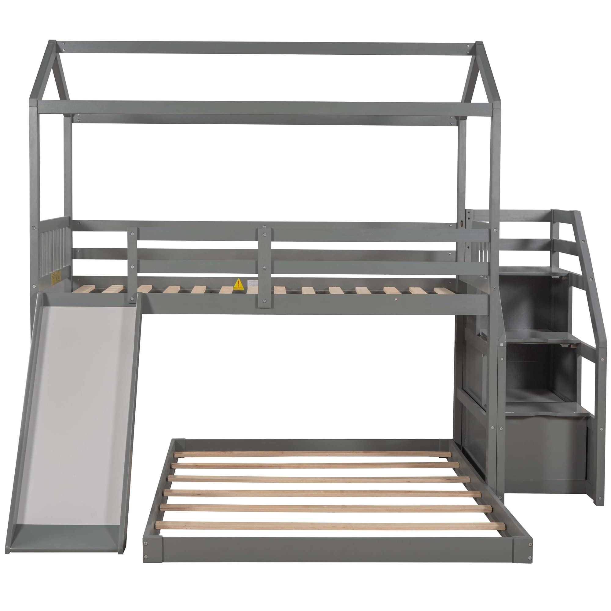 LZ LEISURE ZONE Twin Over Full Bunk Bed with Slide & Storage Stairs - Convertible Wooden Bunk Bed Frame for Kids, Teens & Adults - Safe Full-Length Guardrail - Space-Saving Grey Bunk Bed for Small Rooms, Guest Rooms & Vacation Homes