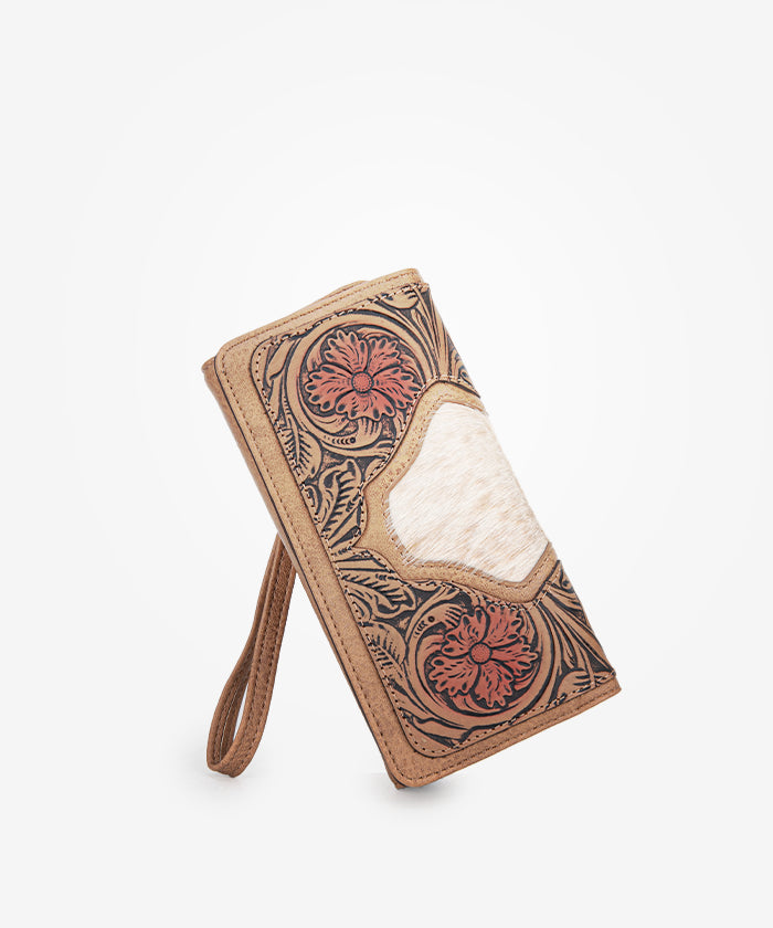 Trinity Ranch Floral Tooled Hair-On Cowhide Leather Wallet for Men & Women - Stylish Western Bifold Wallet for Everyday Use, Travel & Gifts