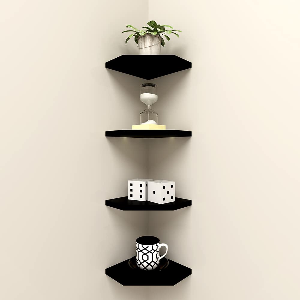 WELLAND 7-Inch Black Floating Corner Shelves Set of 2 - Wall Mounted Storage Shelves with White Finish for Bedroom, Living Room & Bathroom - Perfect for Displaying Small Plants, Photo Frames, Toys & Home Decor