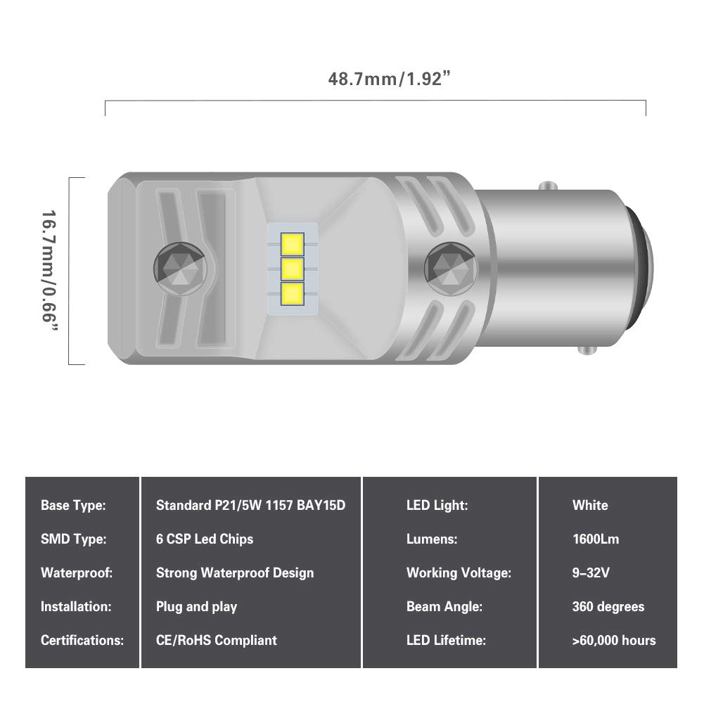 1157 BAY15D 2057 7528 LED Bulbs - 1700LM 6500K Xenon White - CSP LED Chipsets for Backup, Reverse, Tail, Brake & Parking Lights - 12V-24V Compatible (Pack of 2) - Perfect for Trucks, SUVs, Cars & Motorcycles