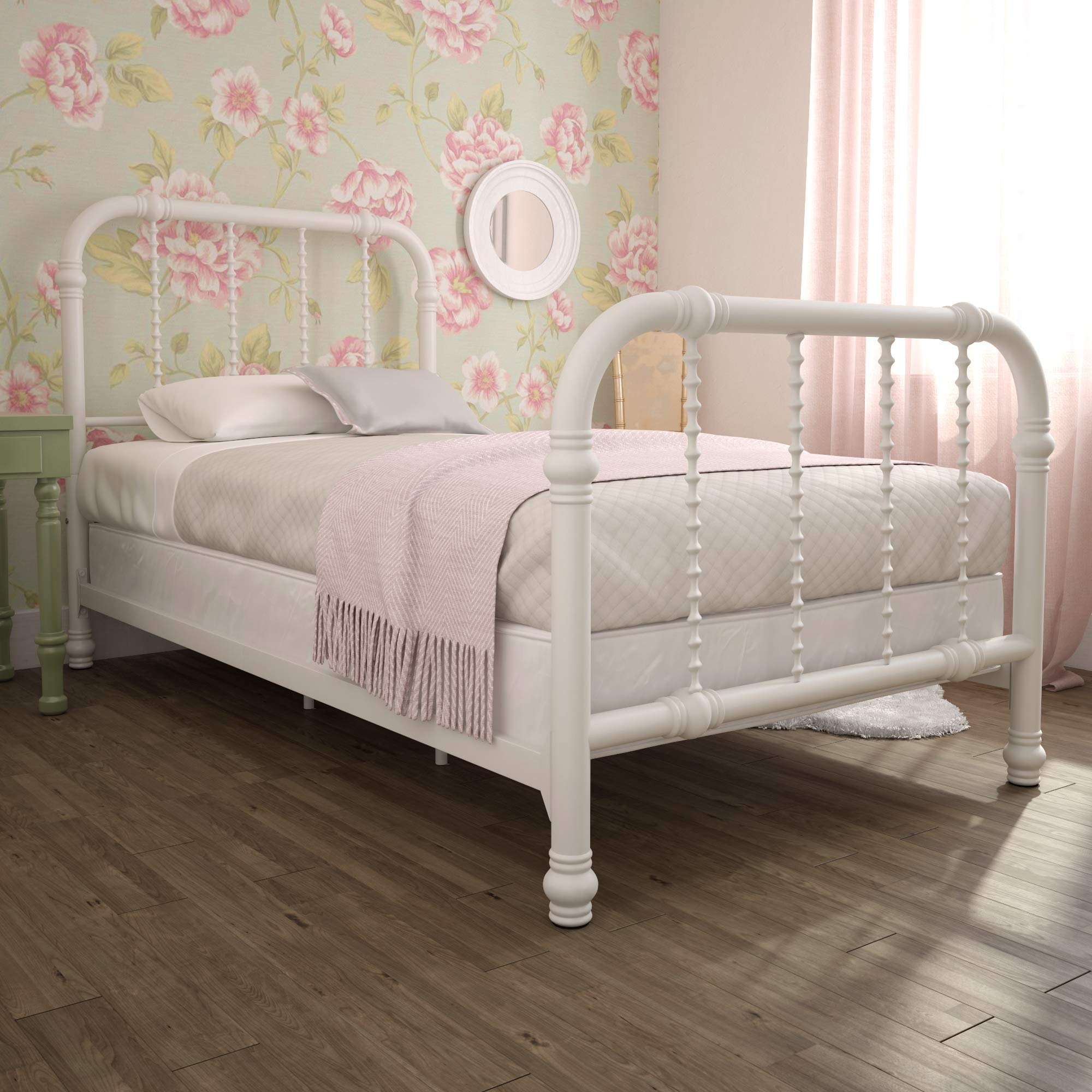 DHP Jenny Lind Twin Size Kids Metal Bed Frame with Country Chic Headboard & Footboard - White | Underbed Storage Space for Toys | Perfect for Children's Bedroom, Nursery or Guest Room