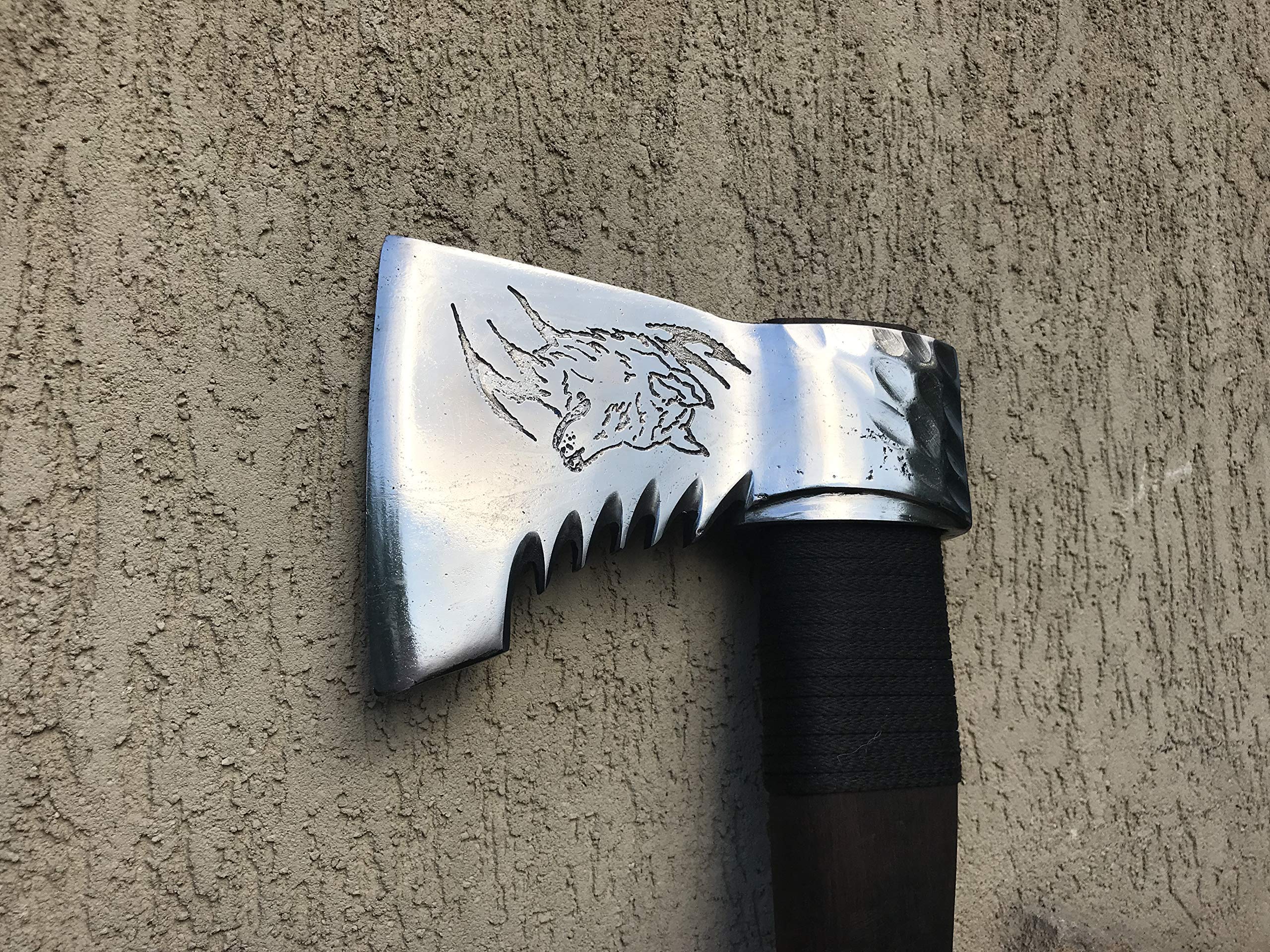 Personalized Viking Axe with Leather Sheath - Handcrafted Wolf Etched Design - Perfect Gift for Men, Dad & Handyman - Home Decor & Outdoor Tools for Camping, Woodworking & Survival