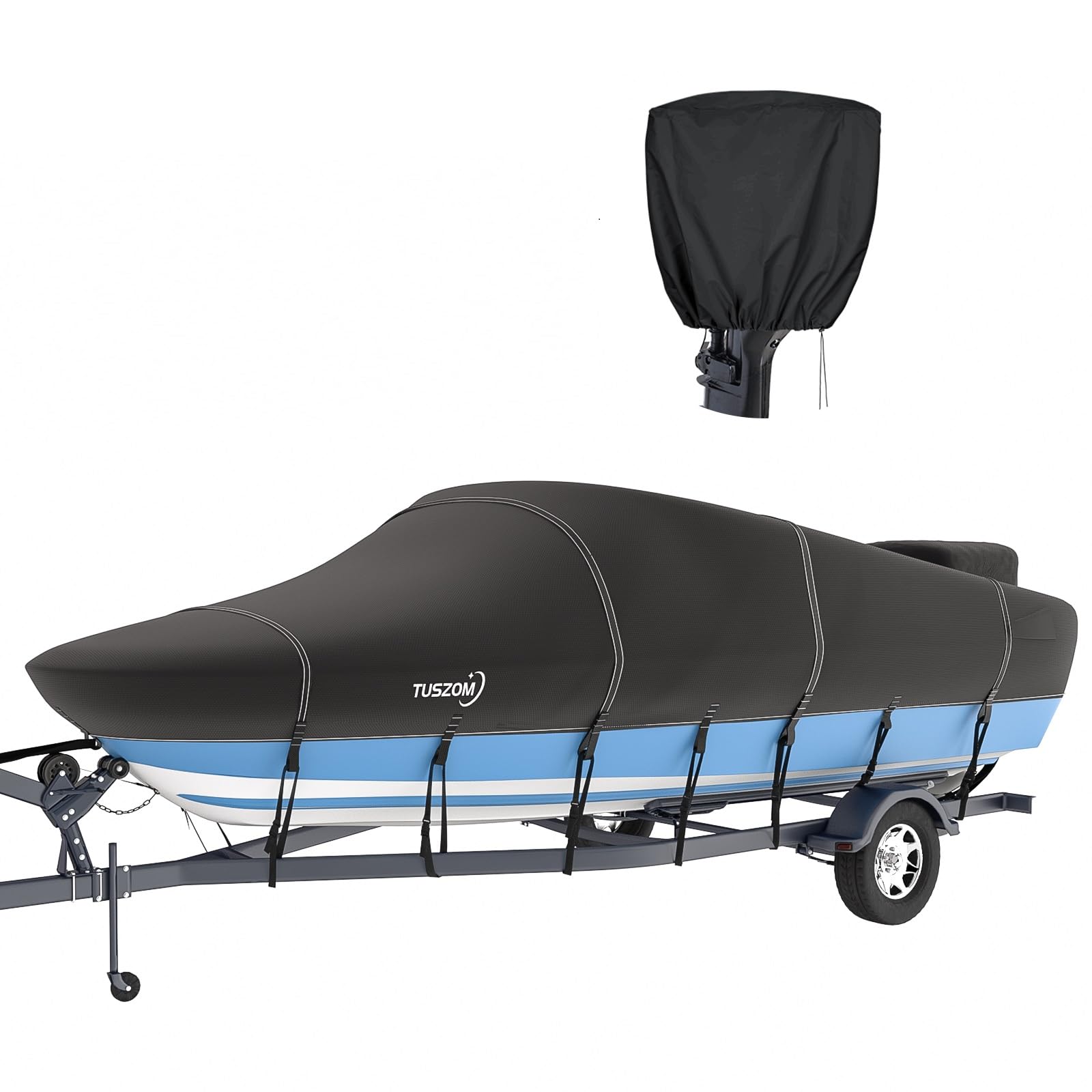 **True 100% Waterproof 900D Solution-Dyed Boat Cover with 17 Windproof Straps – Fits V-Hull, Tri-Hull, Bass Boat, Runabout, Fishing & Ski Boats (14'-16' L, Up to 90