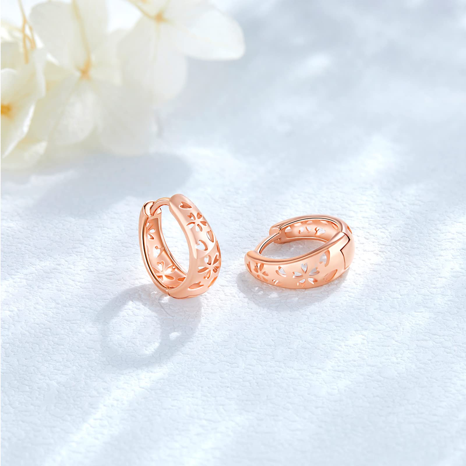 TwoOwl 925 Sterling Silver Rose Gold Hoop Earrings - Lotus Flower Openwork Huggie Earrings for Women, Sakura Wide Hoops Jewelry Gift (Perfect for Mother's Day, Birthday, Anniversary & Everyday Wear)