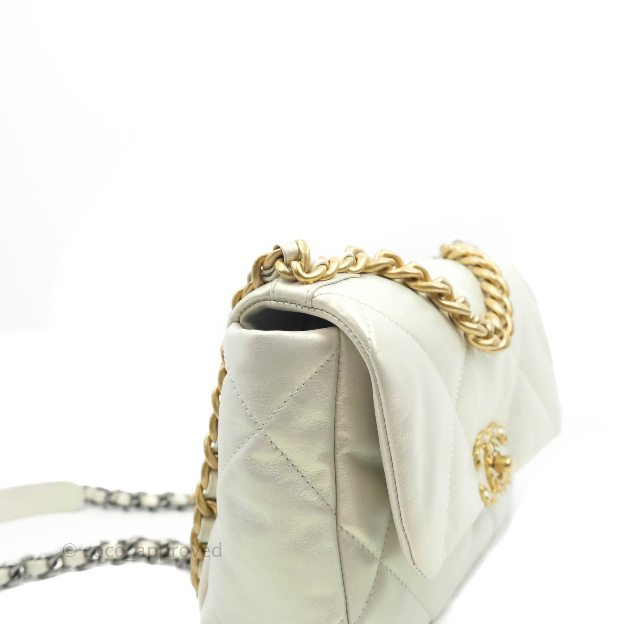 Chanel 19 Small Iridescent White Leather Flap Bag with Mixed Hardware - Perfect for Evening Events & Luxury Fashion Accessories