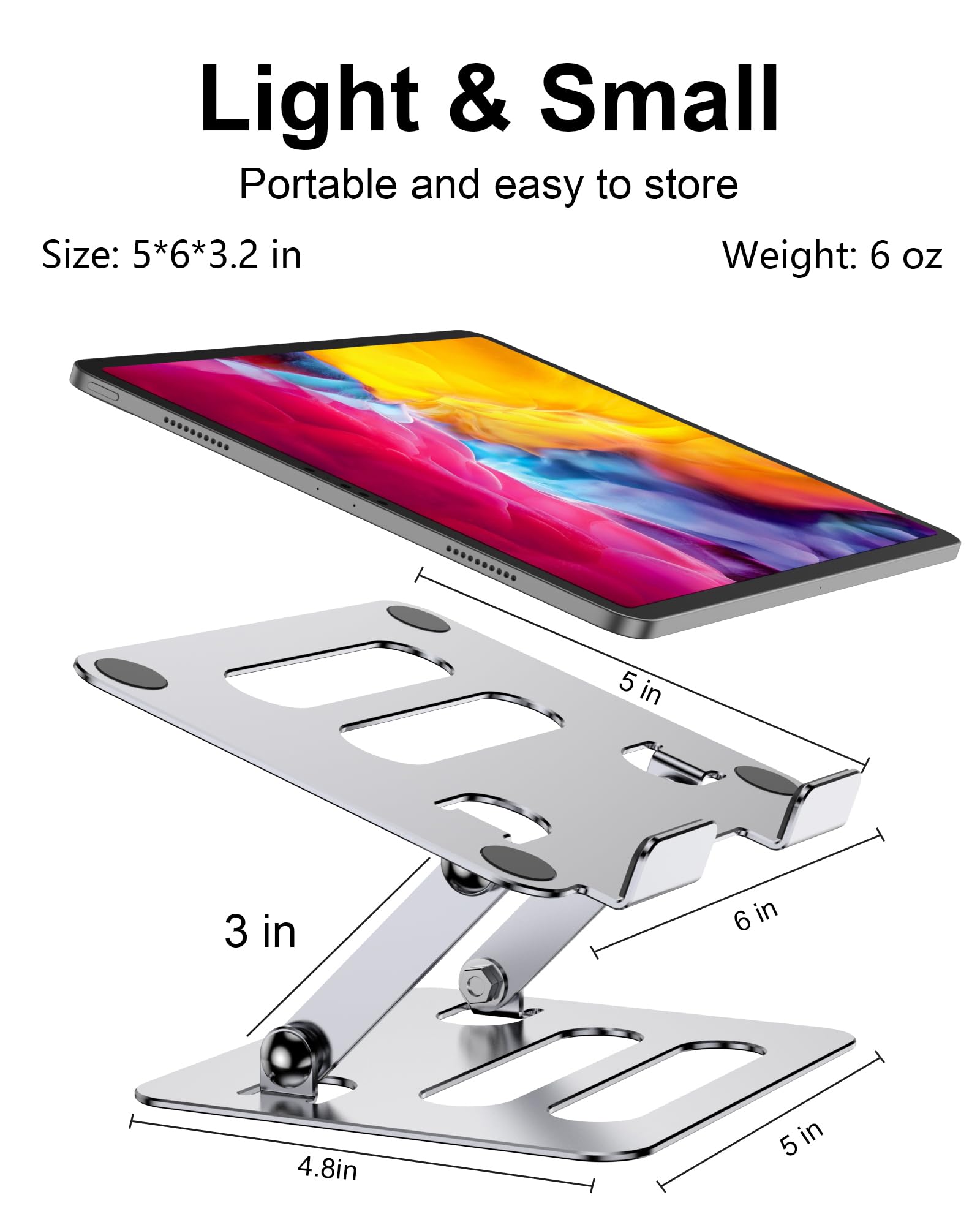 Adjustable Aluminum Tablet Stand Holder for iPad Pro/Air/Mini, Kindle & 4.7-12.9 Inch Tablets - Foldable & Portable Desk Stand for Work, Travel & Home Use (Silver)