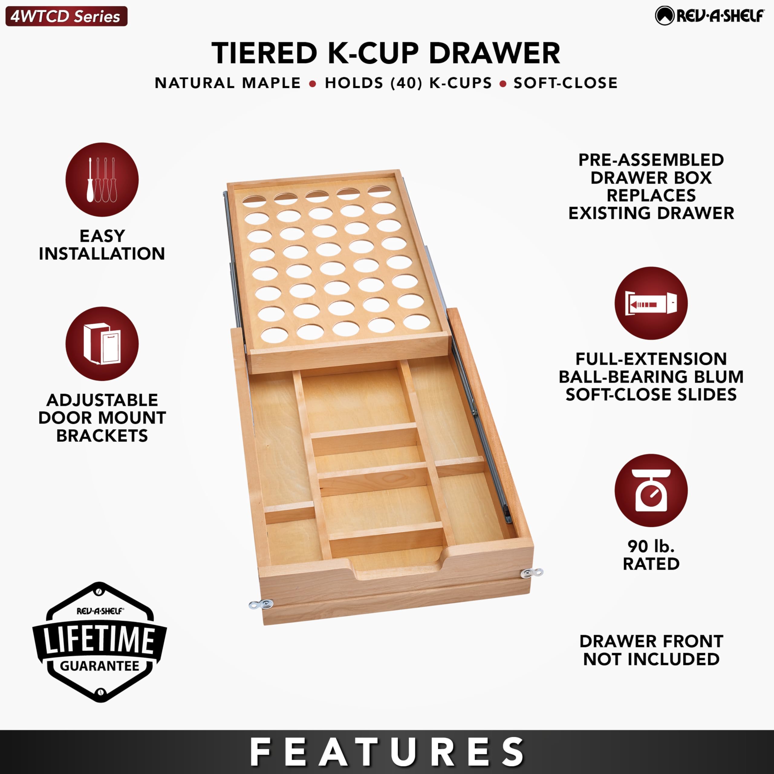Rev-A-Shelf 15-Inch 2-Tier Cutlery and Utensil Drawer Organizer with K-Cup Tray & Soft-Close Slides - Perfect for Kitchen Drawer Organization and Coffee Pod Storage (Model: 4WTCD-18HSC-KCUP-1)