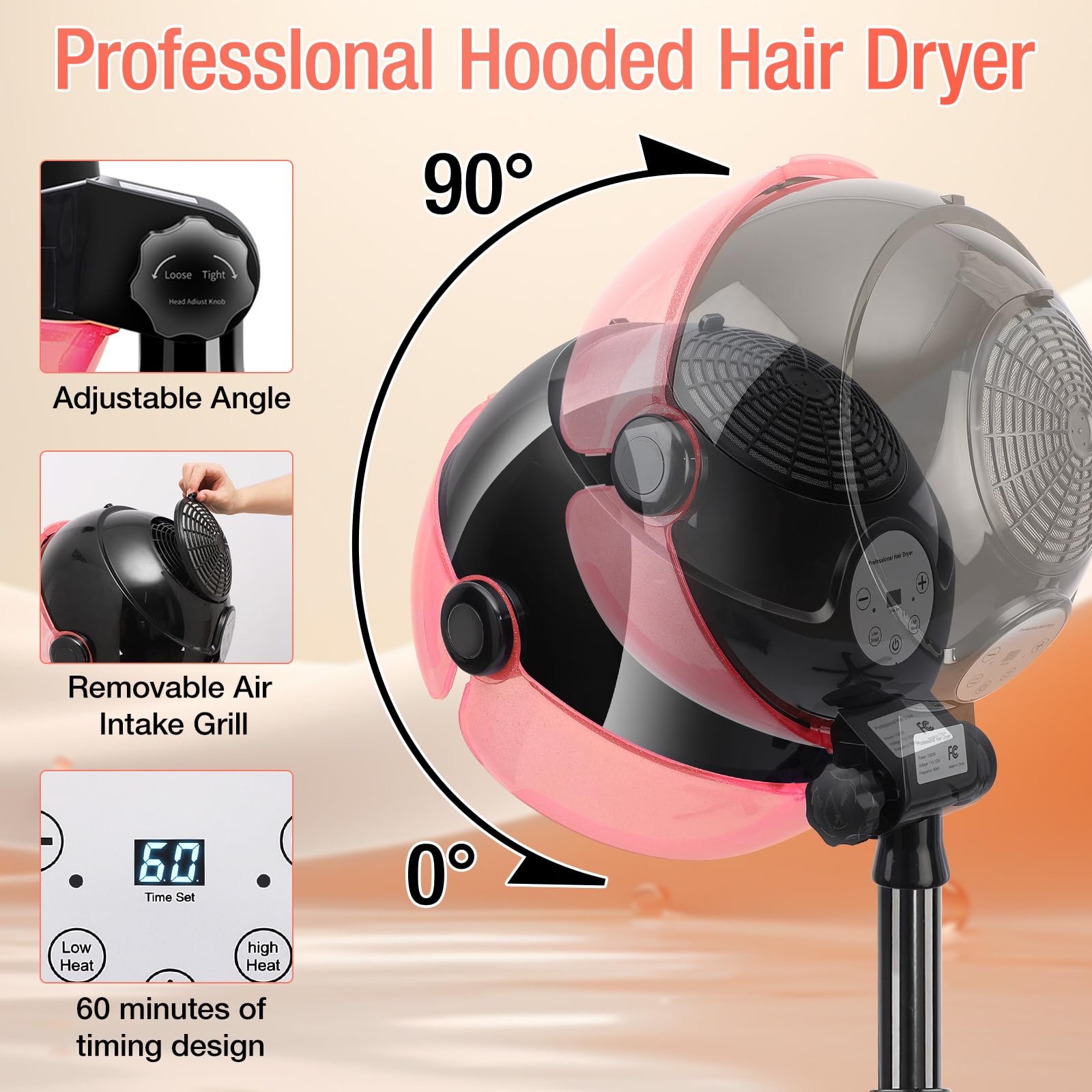 Professional Hooded Hair Dryer with Timer & Touch Controls - 3 Adjustable Heat Settings for Salon & Home Use - Perfect for Hair Styling, Drying & Setting at Salons, Spas & Home Hair Care