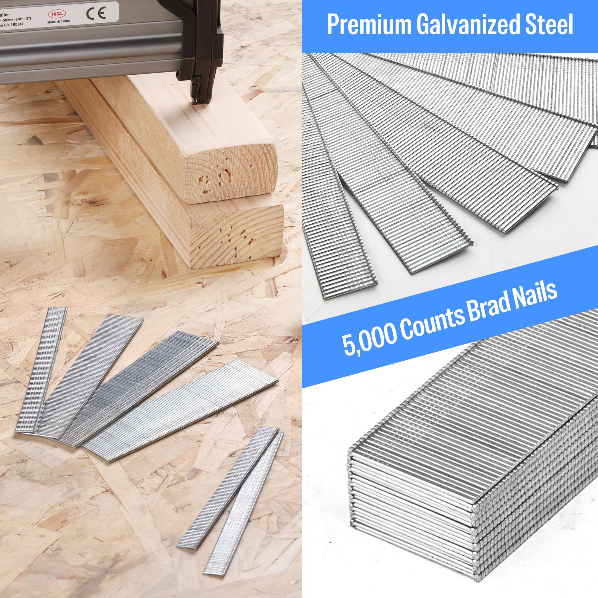 Meite 18 Gauge Brad Nails 1-1/2 Inch (5,000 Count) - Galvanized Nails for Pneumatic & Electric Brad Nailer Guns - Perfect for Trim Work, Cabinetry, and Woodworking Projects