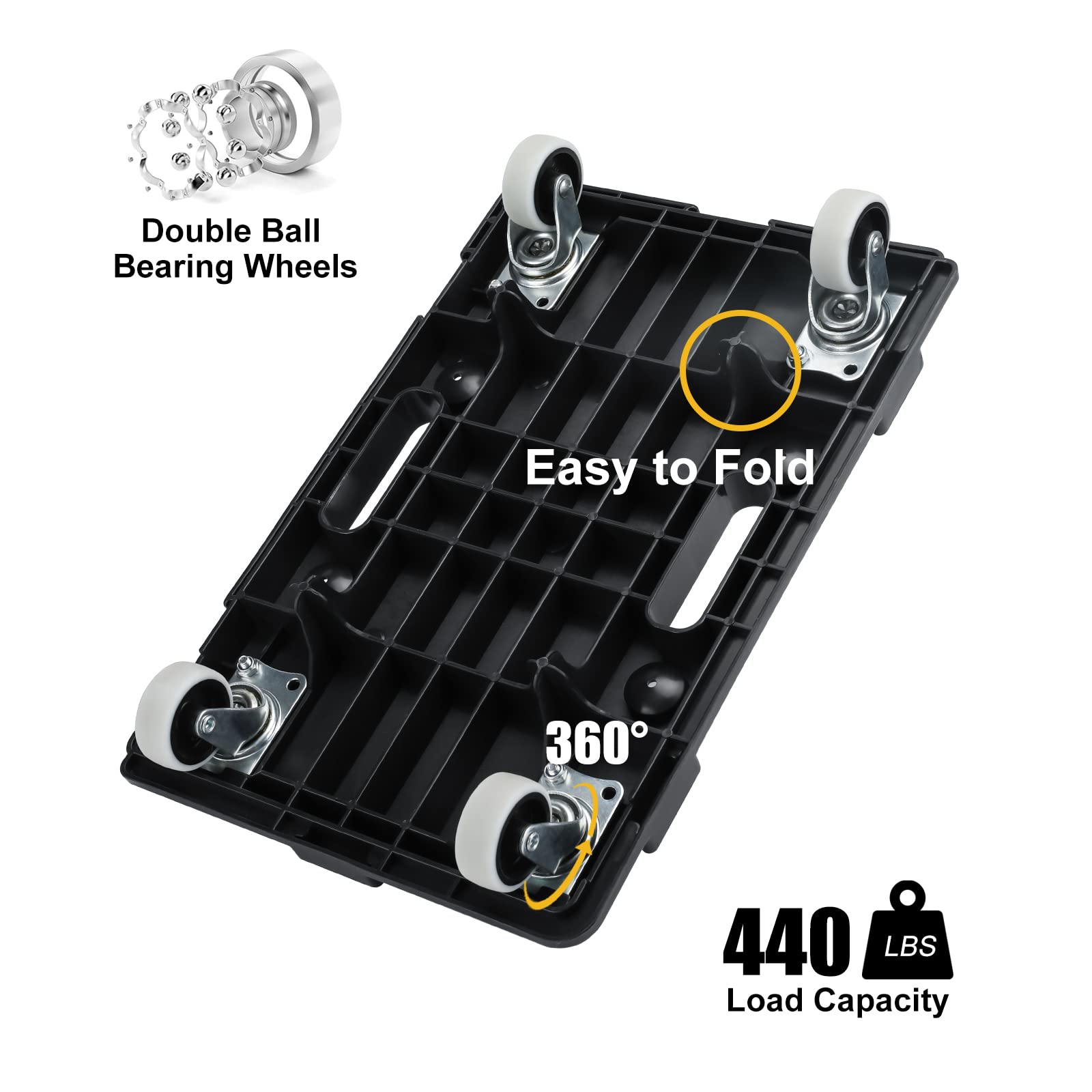 Heavy Duty Furniture Movers with Wheels - 4-Wheel Portable Moving Rollers for Sofa, Refrigerator & Appliances - 440 Lbs Capacity Flat Dolly (2-Pack, Black) - Perfect for Home Moving, Office Relocation & Warehouse Use