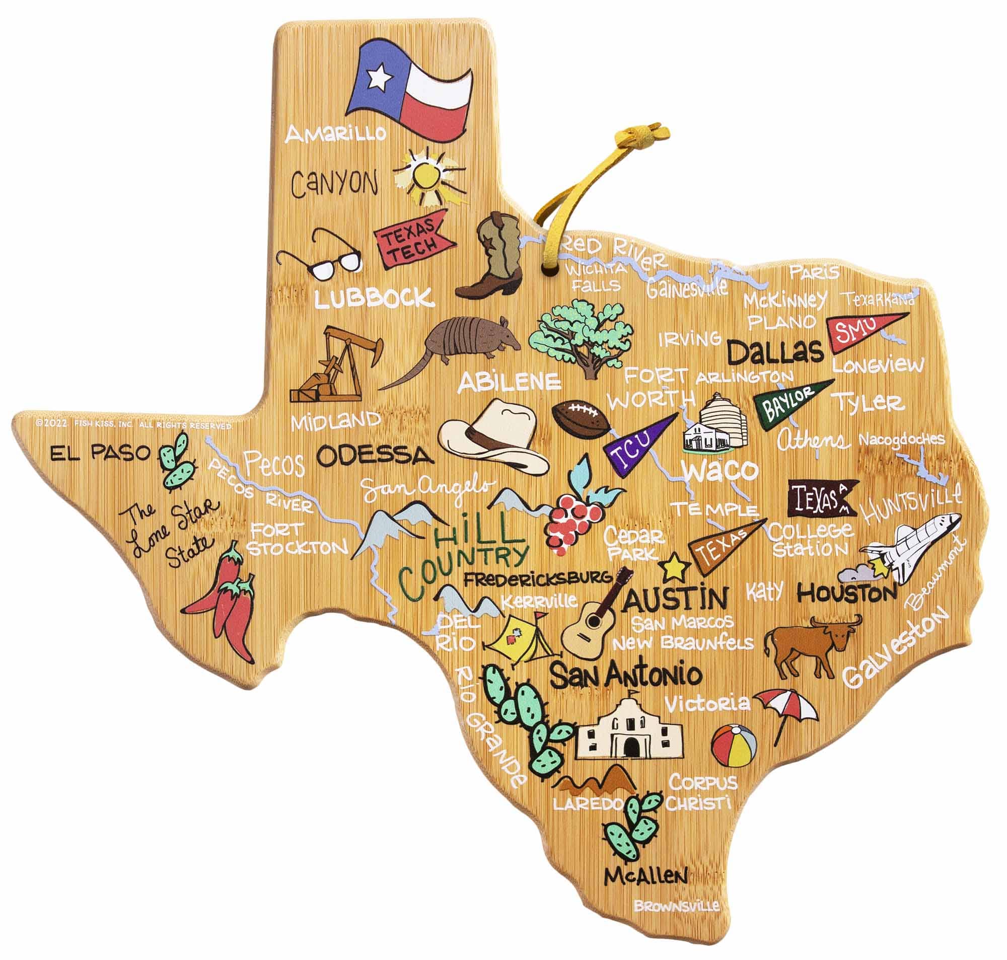 Texas Shaped Wooden Cutting Board with Handcrafted Fish Kiss™ Artwork - Perfect for Kitchen Decor, Gift Giving, and Serving Charcuterie
