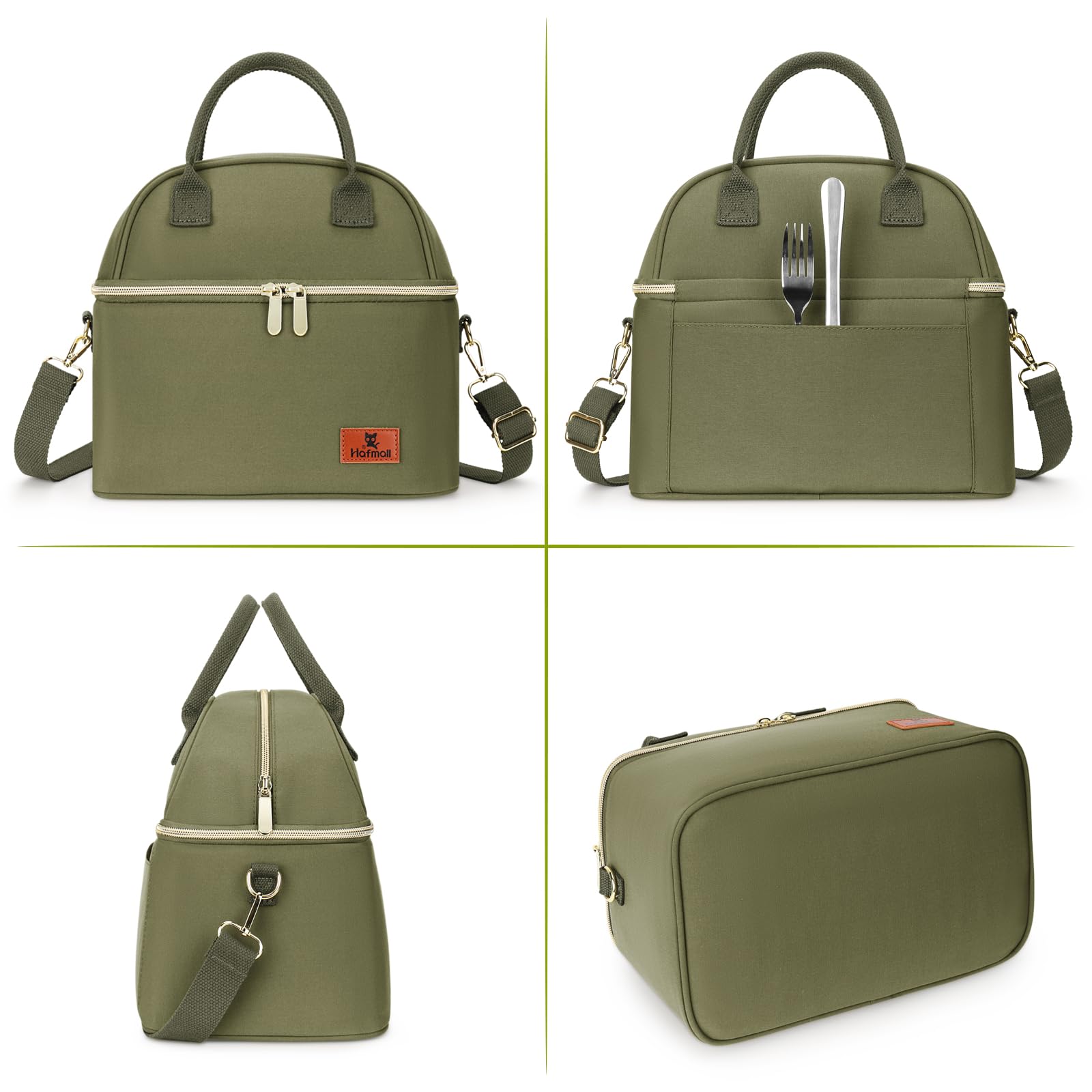 Hafmall 13L Large Insulated Lunch Bag for Women - Reusable Work Lunch Box with Shoulder Strap, 3.5 Gallon Capacity, Green - Perfect for Office, School, Picnics & Outdoor Activities