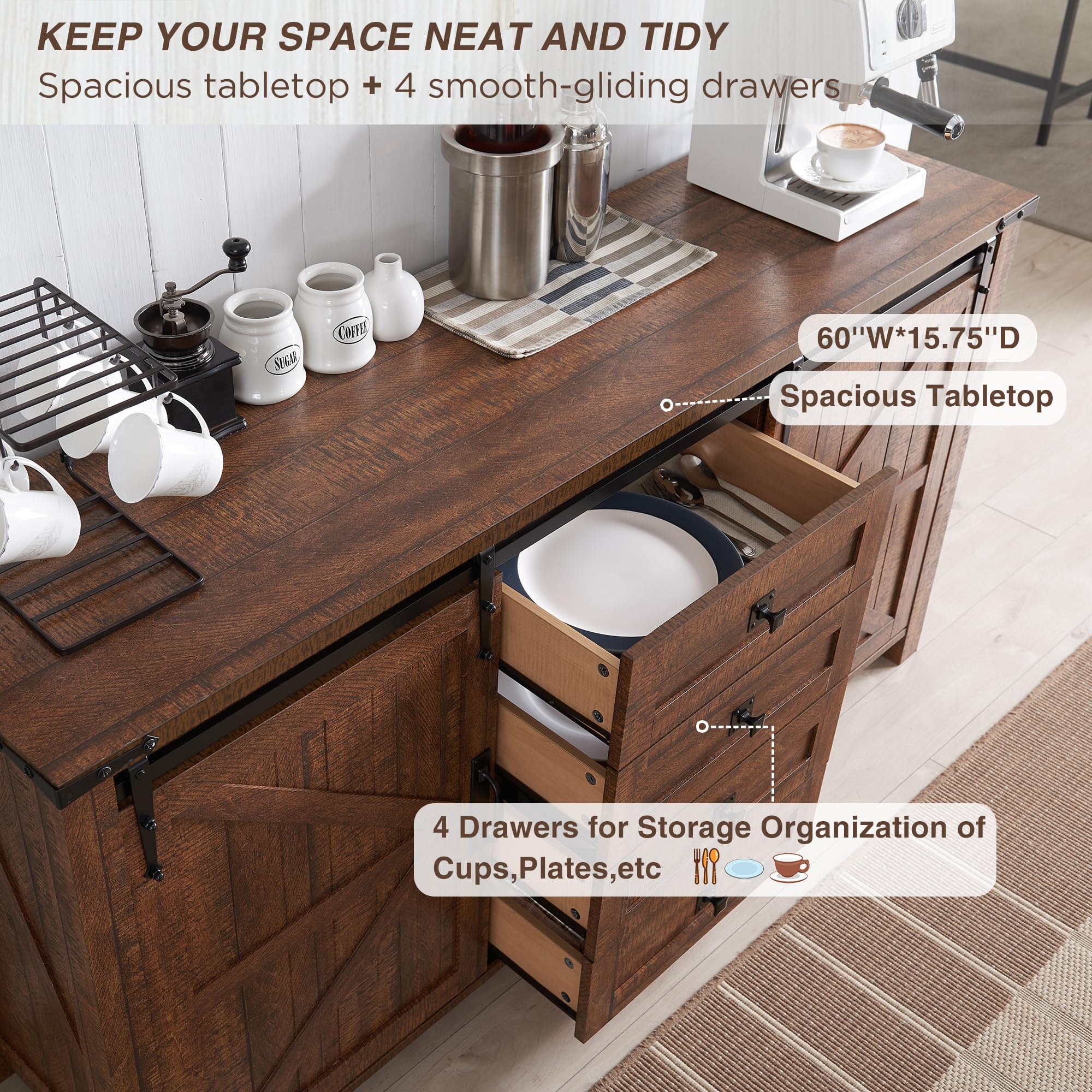 Farmhouse Sideboard Buffet Cabinet with Storage - 60