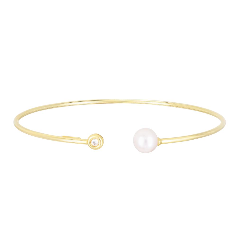 14K Gold Diamond and Pearl Bangle Bracelet for Women - Elegant Jewelry Gift for Anniversary, Wedding & Special Occasions