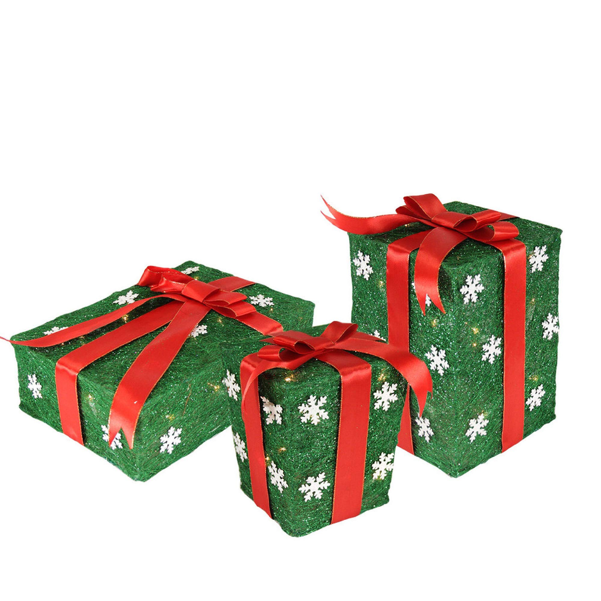 Northlight Set of 3 LED Lighted Christmas Gift Box Decorations - 13 Inch Green with Red Bows, Outdoor Holiday Decor for Porch, Yard, and Garden