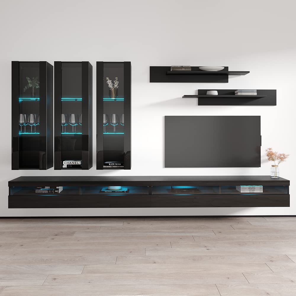 Modern Floating TV Stand with Storage & LED Lights - Wall-Mounted Entertainment Center for Bedroom & Living Room - Black E3 35TV Console with Shelves - Perfect for Small Spaces & Home Theater Setup