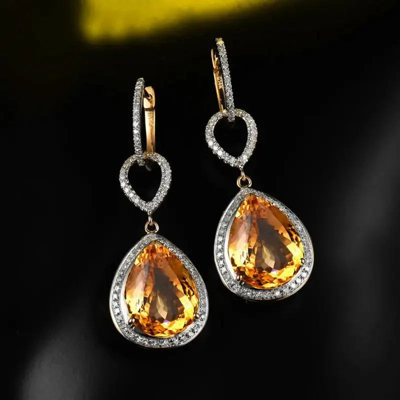 14KT Yellow Gold Natural Citrine Diamond Drop Earrings for Women - Elegant Dangle Earrings for Anniversary, Birthday & Special Occasions
