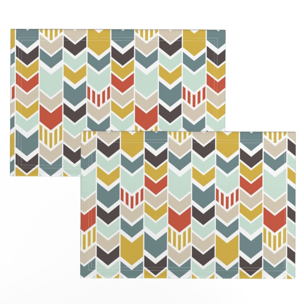 Spoonflower Linen Cotton Canvas Placemats Set of 2 - Blue Chevron Arrows Geometric Modern Mint Print Table Mats for Dining Room Decor, Kitchen Table Setting & Party Tableware