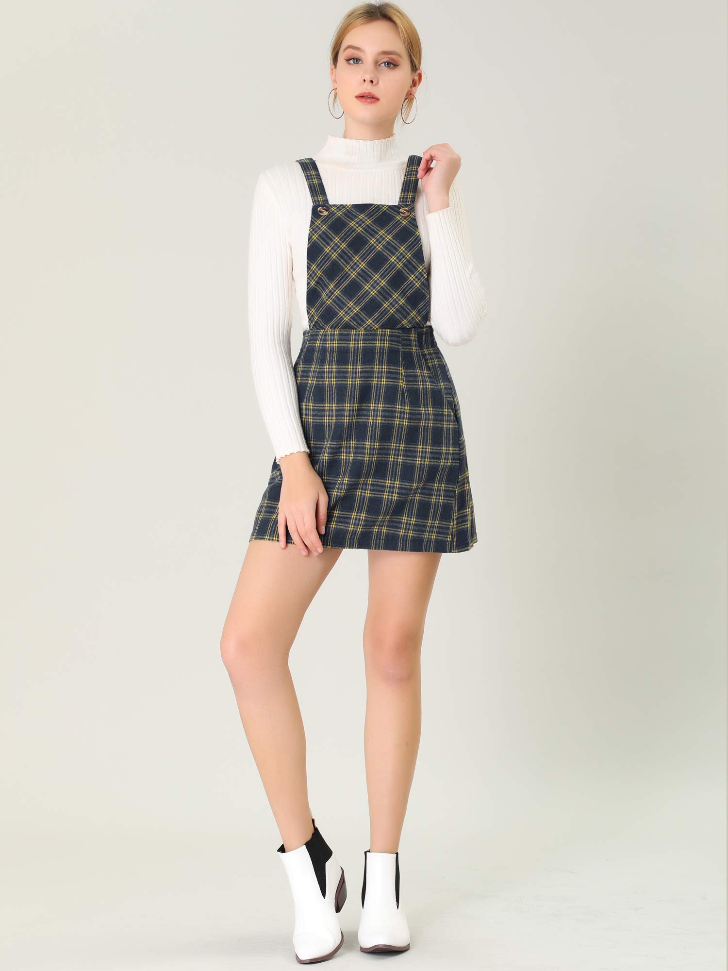 Allegra K Women's Plaid Adjustable Strap Pinafore Mini Dress - Stylish Bib Overall Suspender Skirt for Casual Outings, Date Nights & Spring Fashion