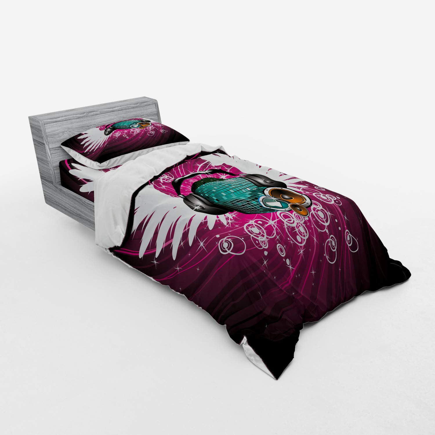 Ambesonne Popstar Party Duvet Cover Set - Disco Ball with Headphones & Angel Wings Vibrant Swirl Design, 3-Piece Twin Size Bedding Set with Sham & Fitted Sheet in Magenta Black Teal | Perfect for Teen Bedrooms, Music Lovers & Themed Parties