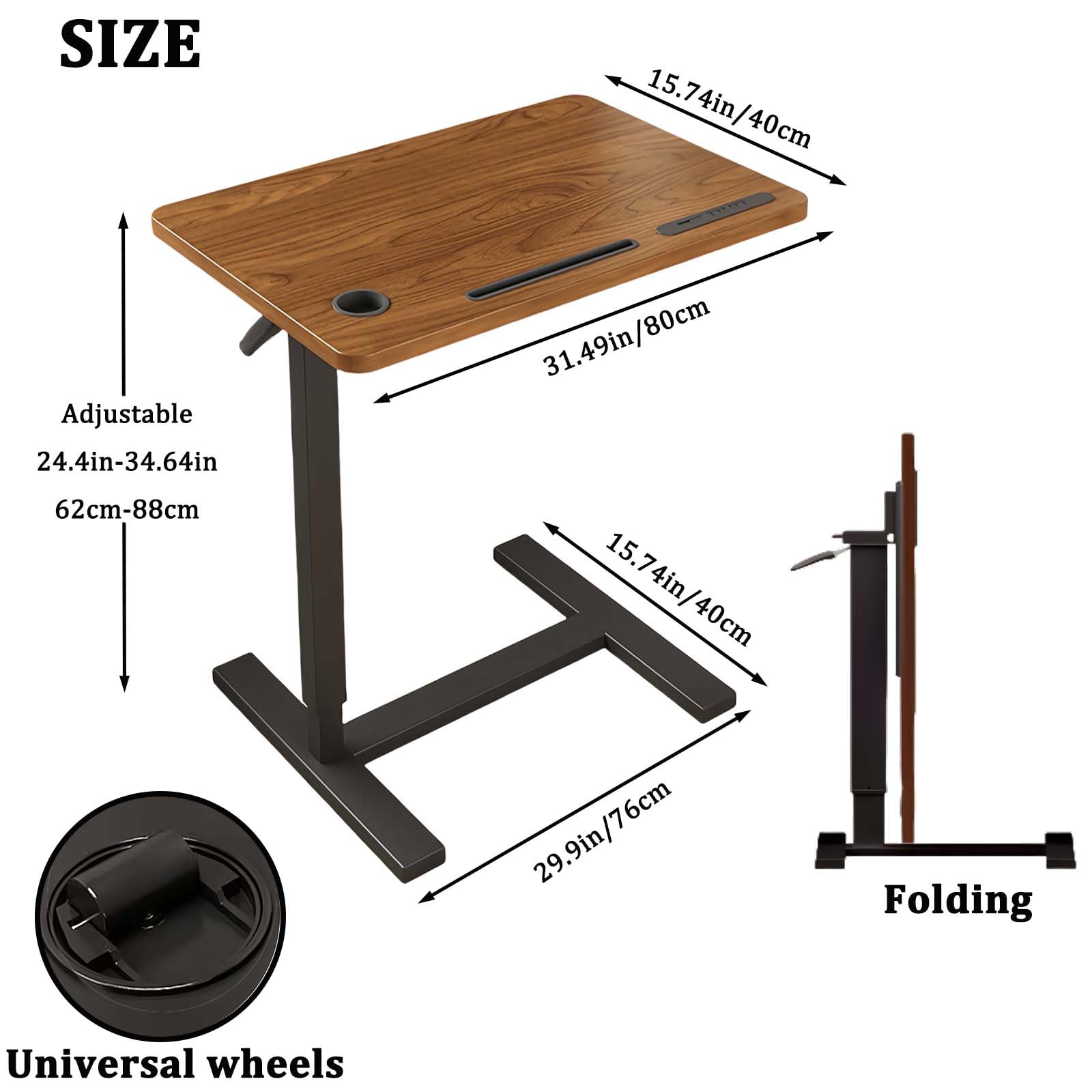Adjustable Overbed Table with USB & Power Outlet - Mobile Standing Desk with Hidden Wheels, Cup Holder & Pneumatic Lift - Perfect for Laptop Use, Hospital Beds & Home Office Workspace - Brown
