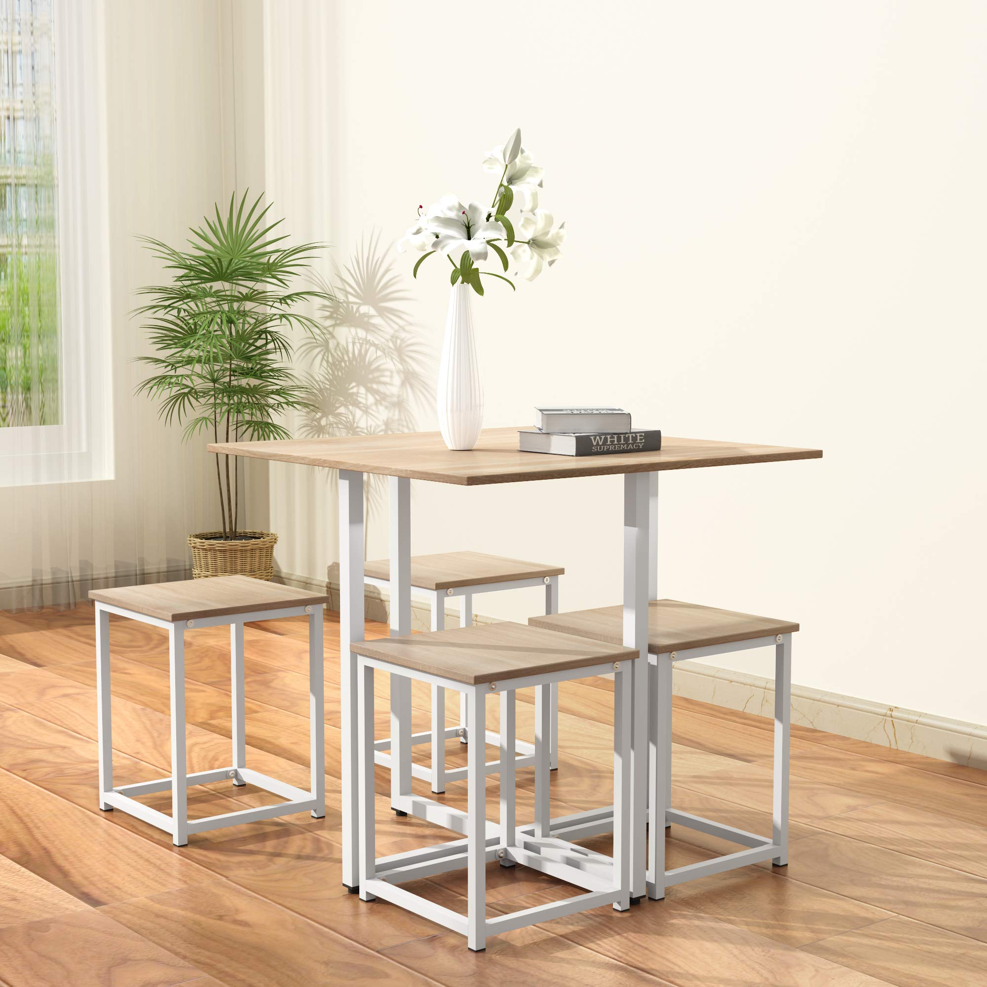 5-Piece Industrial Dining Table Set with 4 Bar Stools - Natural Wood & White Finish - Perfect for Kitchen, Living Room, Bar & Restaurant Decor
