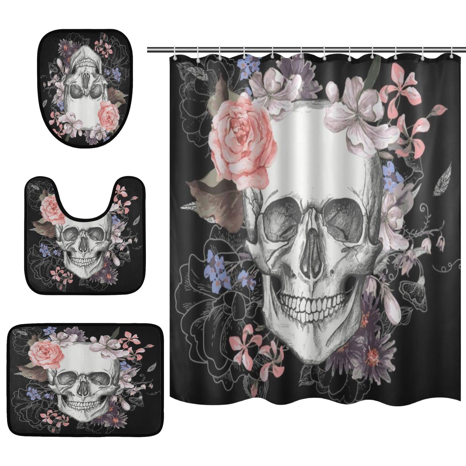 JSTEL Halloween Skull Bathroom Rug Set - 4 Piece Non-Slip Memory Foam Bath Mat with Shower Curtain, Toilet Lid Cover & Contour Rug (Includes 12 Hooks) - Spooky Decor for Halloween Bathroom, Haunted House Party & Gothic Home Decor