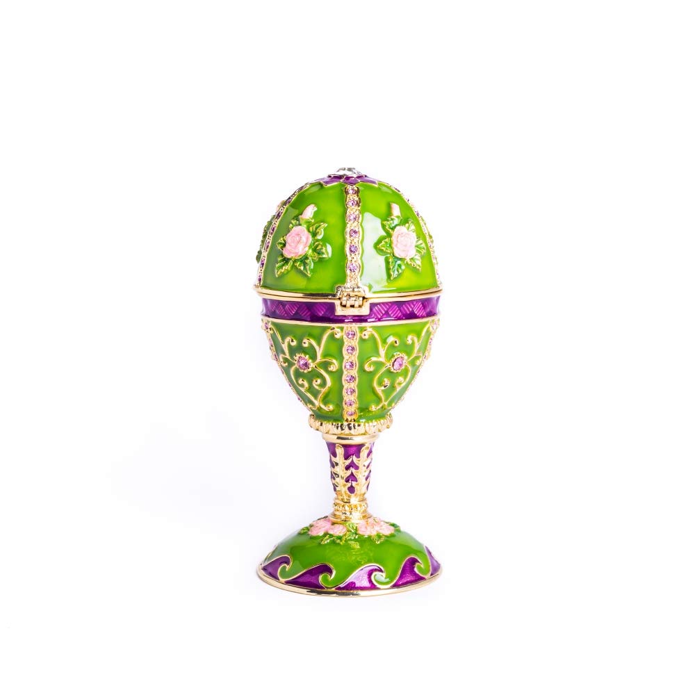 Golden Green Faberge Egg Music Box with Austrian Crystals - Handcrafted Russian Easter Egg Trinket Box Decorated with Flowers | Collectible Gift for Home Decor, Easter Celebration & Luxury Jewelry Storage