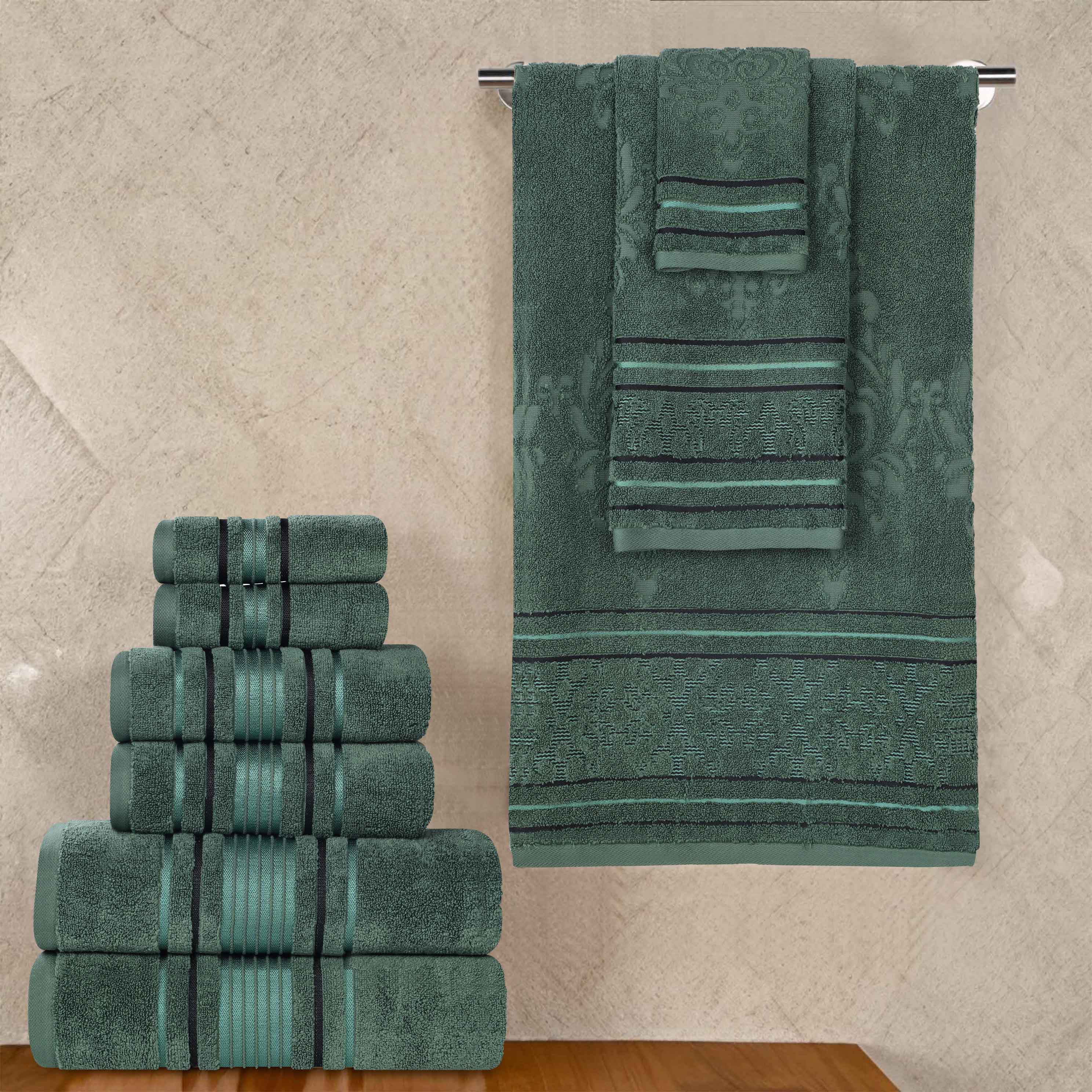 Sadie 9-Piece Zero Twist Cotton Towel Set - Solid & Jacquard Floral Bath Towels, Hand Towels & Washcloths - Soft & Absorbent for Bathroom, Spa & Guest Room