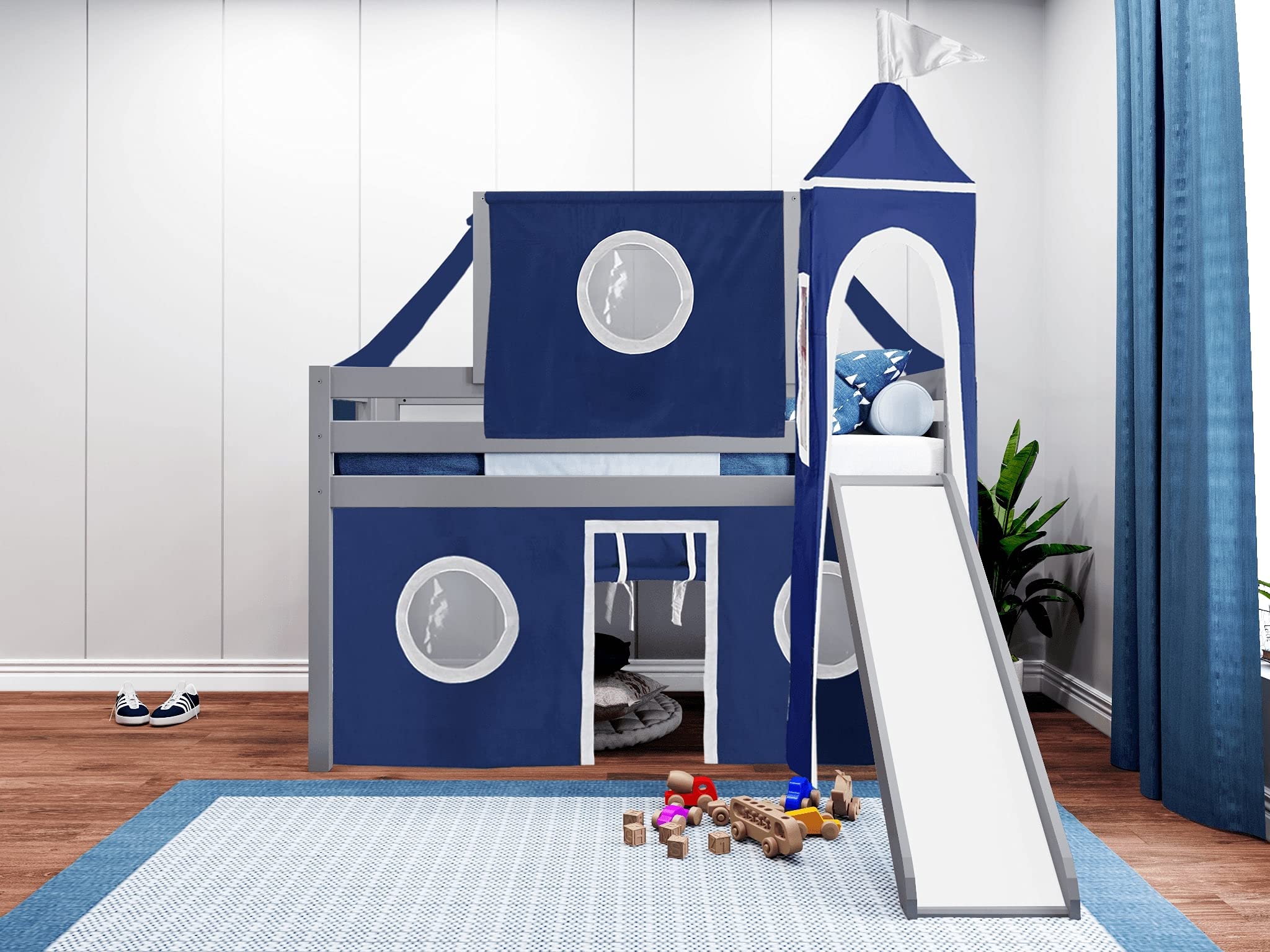 JACKPOT! Twin Size Gray Castle Low Loft Bed with Slide - Blue & White Play Tent & Tower for Kids | Perfect for Bedrooms, Playrooms & Imaginative Play