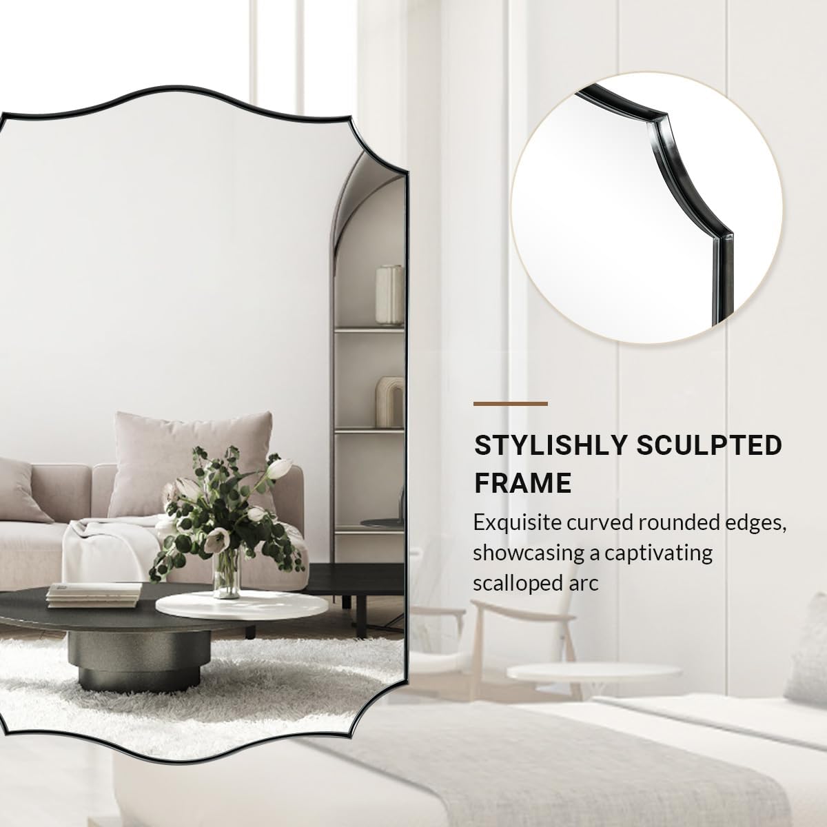 Contemporary Scalloped Rectangle Wall Mirror with Stainless Steel Frame - Elegant Home Decor for Living Room, Bedroom & Entryway