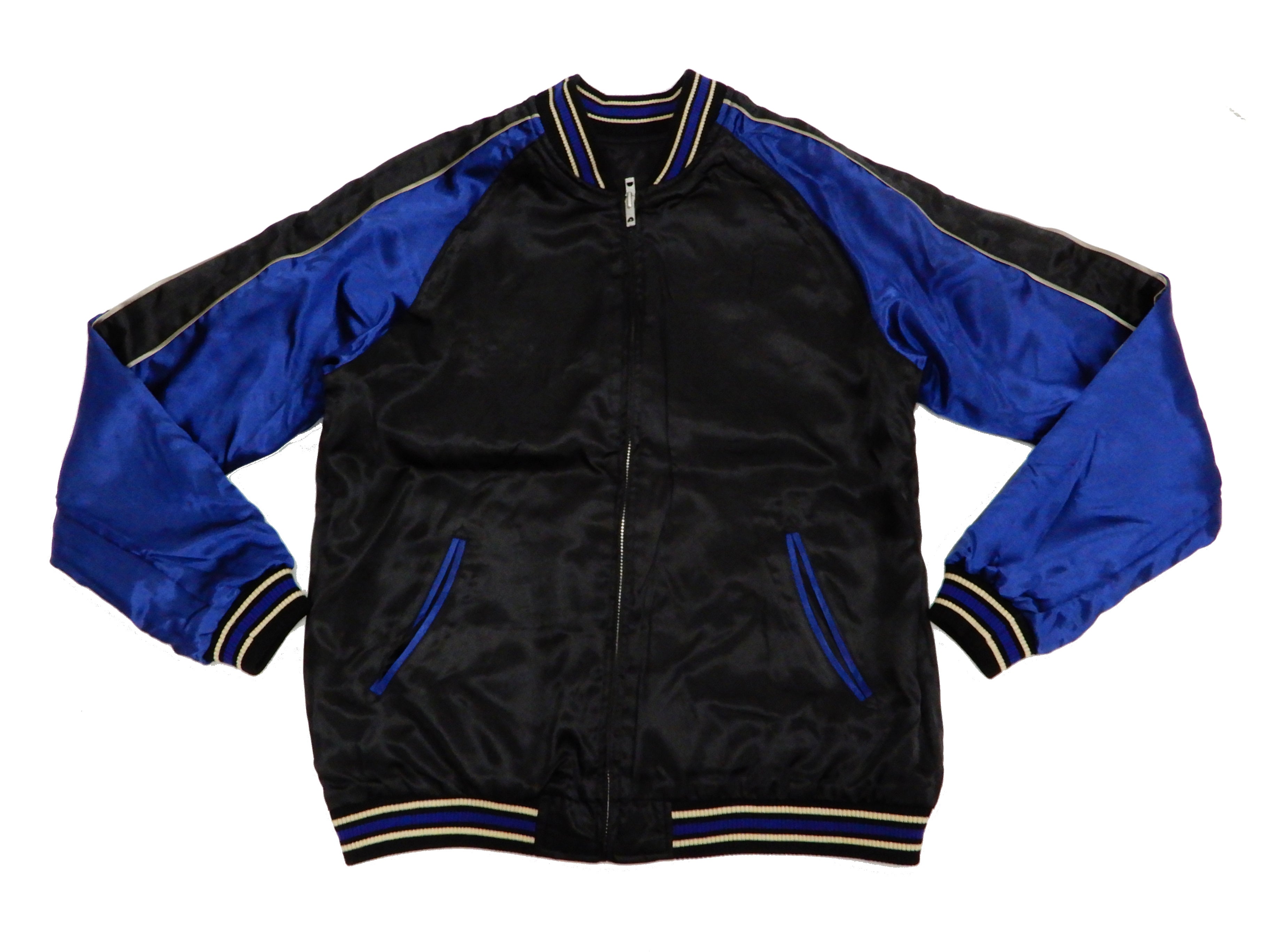 Japanese Souvenir Jacket for Men - Koi Fish Design Sukajan Bomber 3RSJ 047 in Black/Navy Blue | Vintage Asian Streetwear for Casual Wear & Fashion Statement