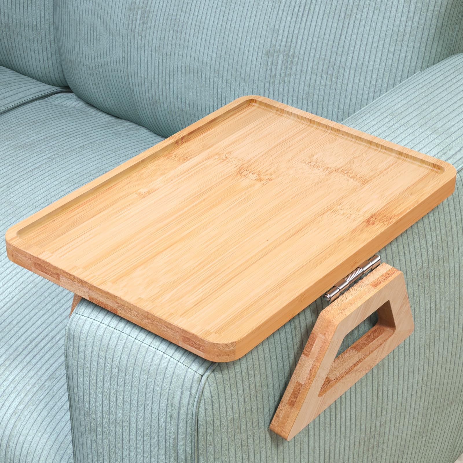 Bamboo Folding Sofa Tray with Clip - Couch Armrest Tray for Drinks, Snacks, Phone & Remote Control | Natural Wood | Perfect for Living Room, Bedroom & Home Office Use