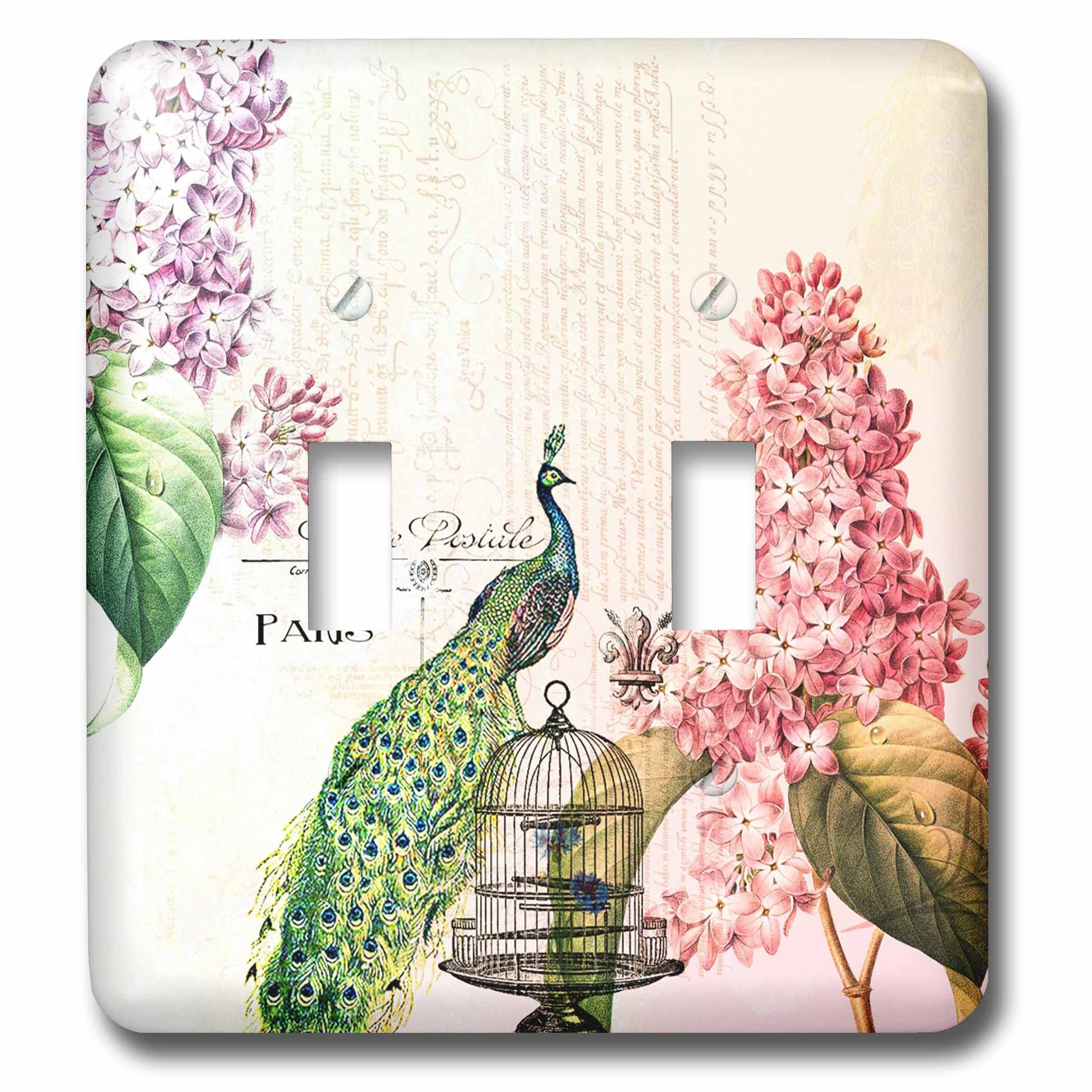 3D Rose Paris Peacock with Hydrangea Flowers Double Toggle Switch - Decorative Wall Plate Cover for Home & Office Decor