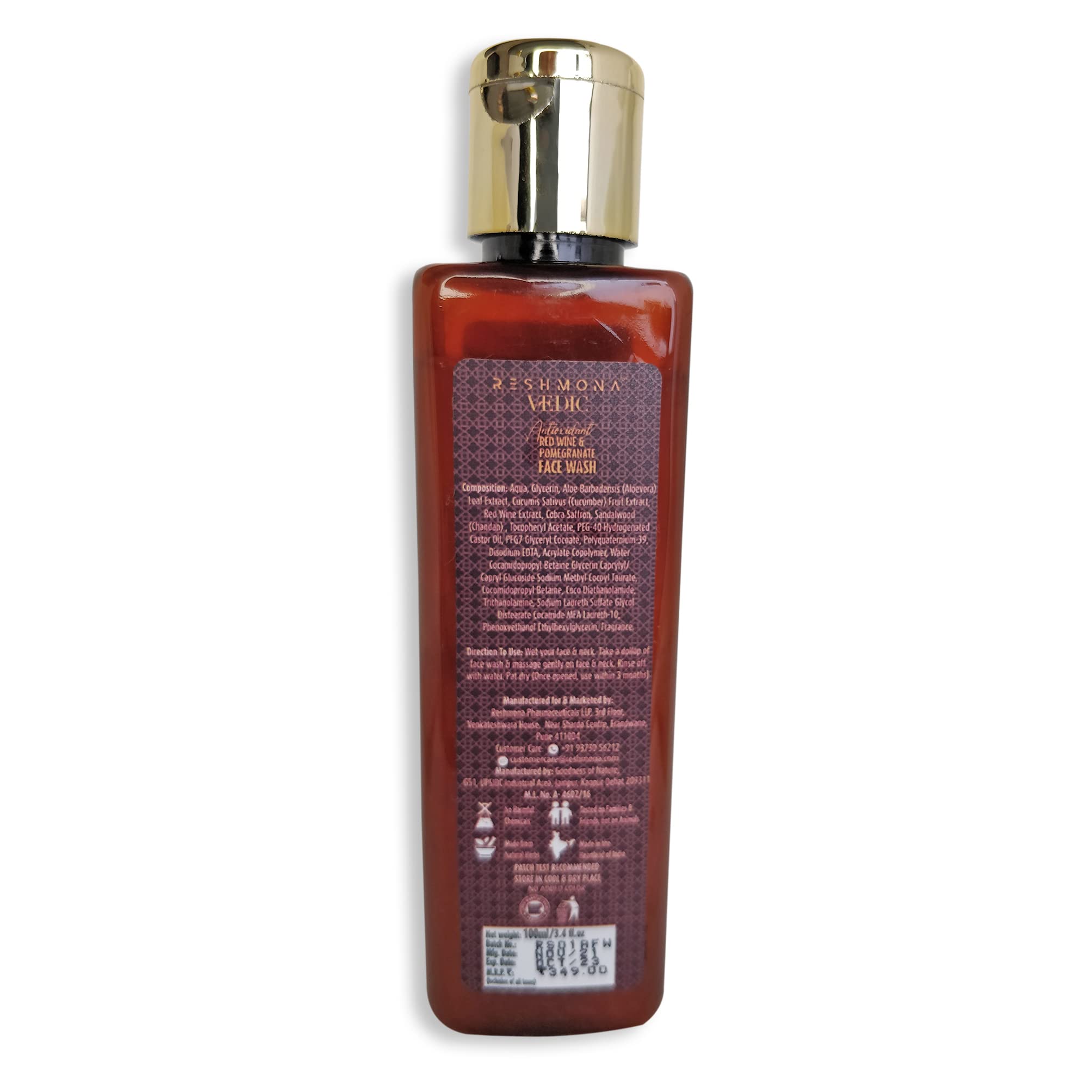 RESHMONA VEDIC Antioxidant Face Wash with Red Wine Extract & Herbal Blend | Anti-Aging Formula to Reduce Wrinkles & Nourish Skin | Rich in Antioxidants for Daily Skincare Routine