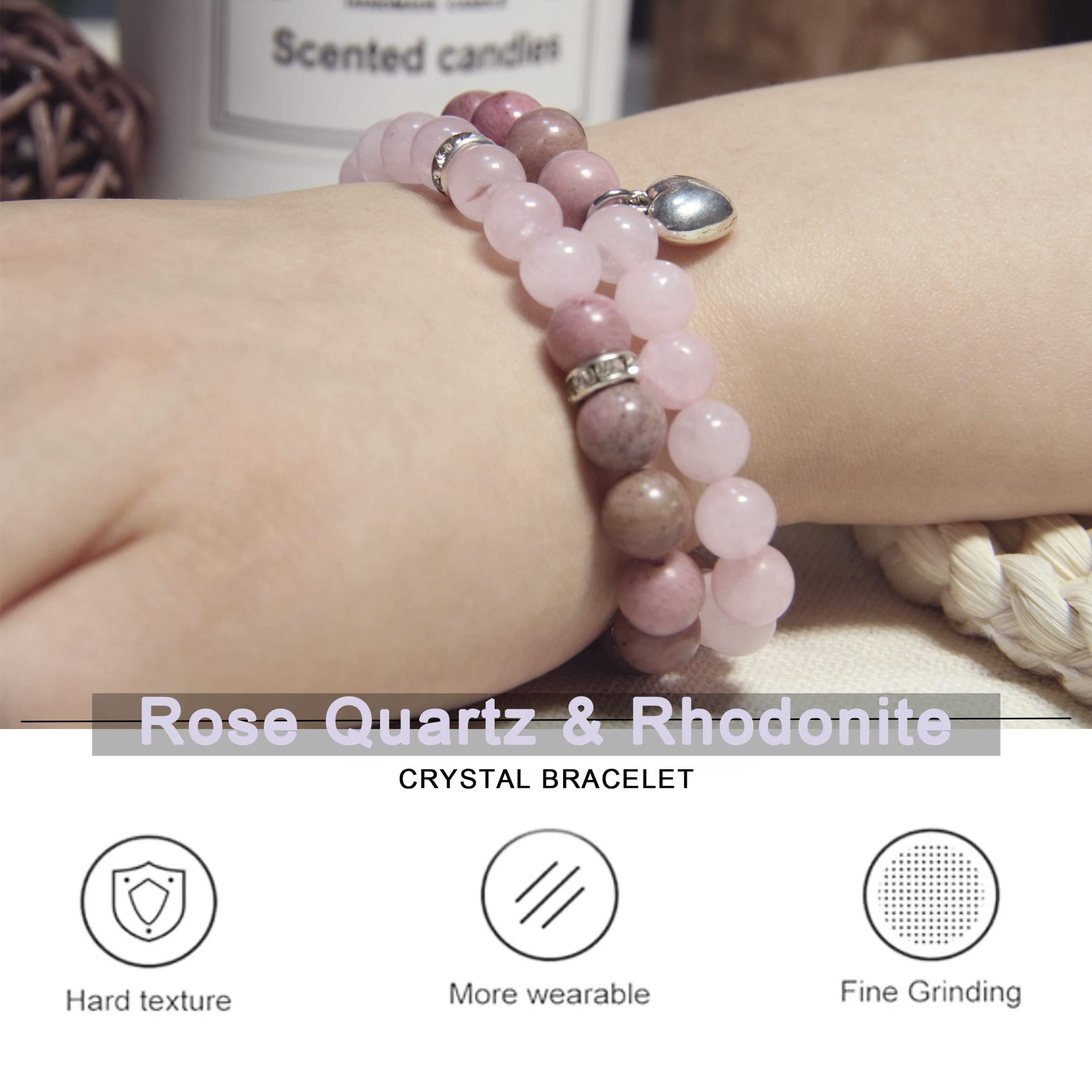 Healing Bracelets for Women - Rose Quartz & Rhodonite Crystal Bracelet with 8mm Natural Stones - Stress Relief, Yoga Meditation, Get Well Soon Gifts for Her - Perfect for Spiritual Healing, Wellness & Positive Energy