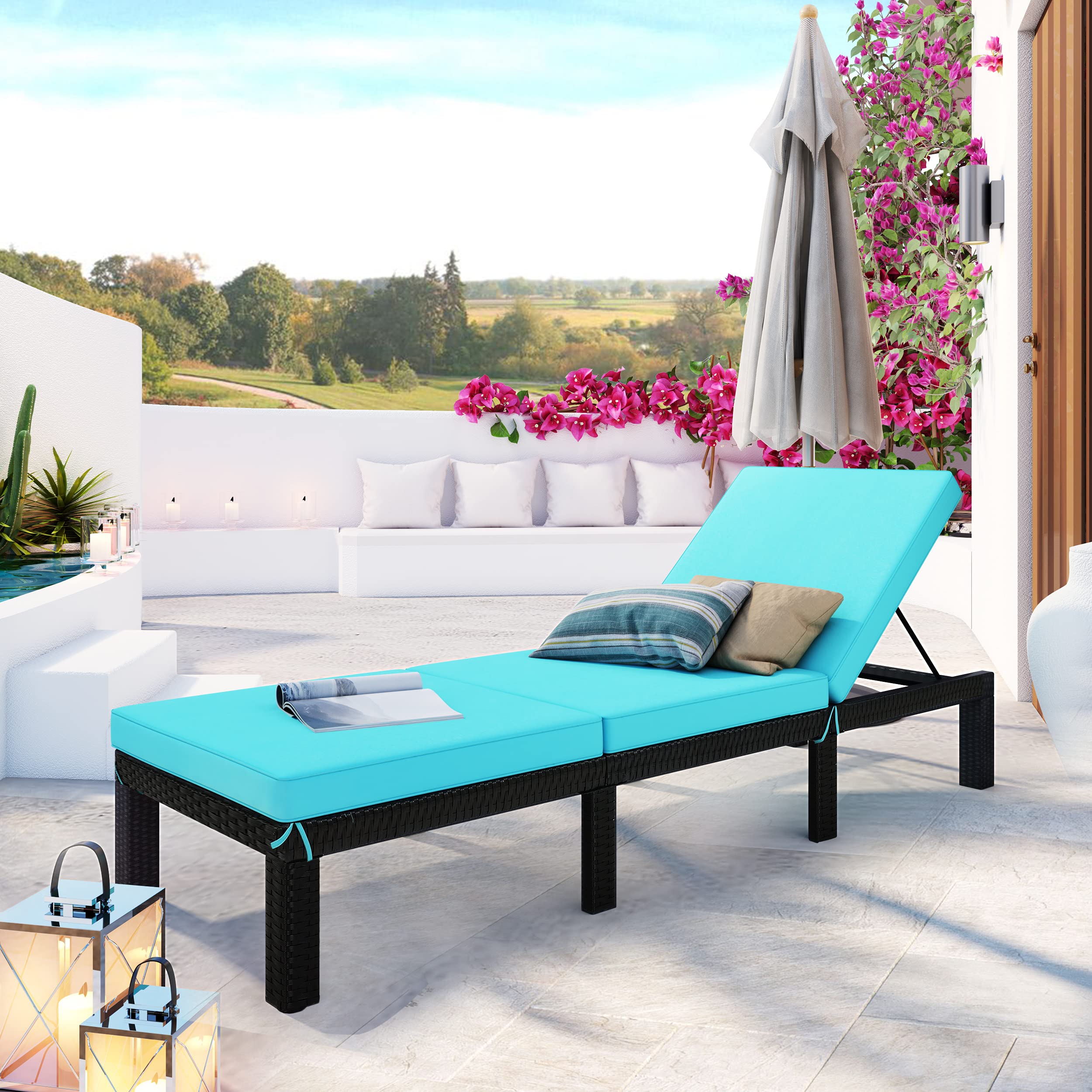 **Outdoor Adjustable PE Rattan Chaise Lounge Chair with Cushion - Steel Frame Sunbed for Patio, Backyard, Beach, Garden & Balcony - Perfect for Relaxing, Sunbathing & Lounging (Blue + Sunbed)**