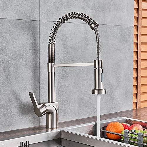 OMOONS Brushed Nickel Kitchen Sink Tap - Deck Mounted Hot Water Mixer with Pull Down Sprayer, Ideal for Bar, Farmhouse, and Commercial Use