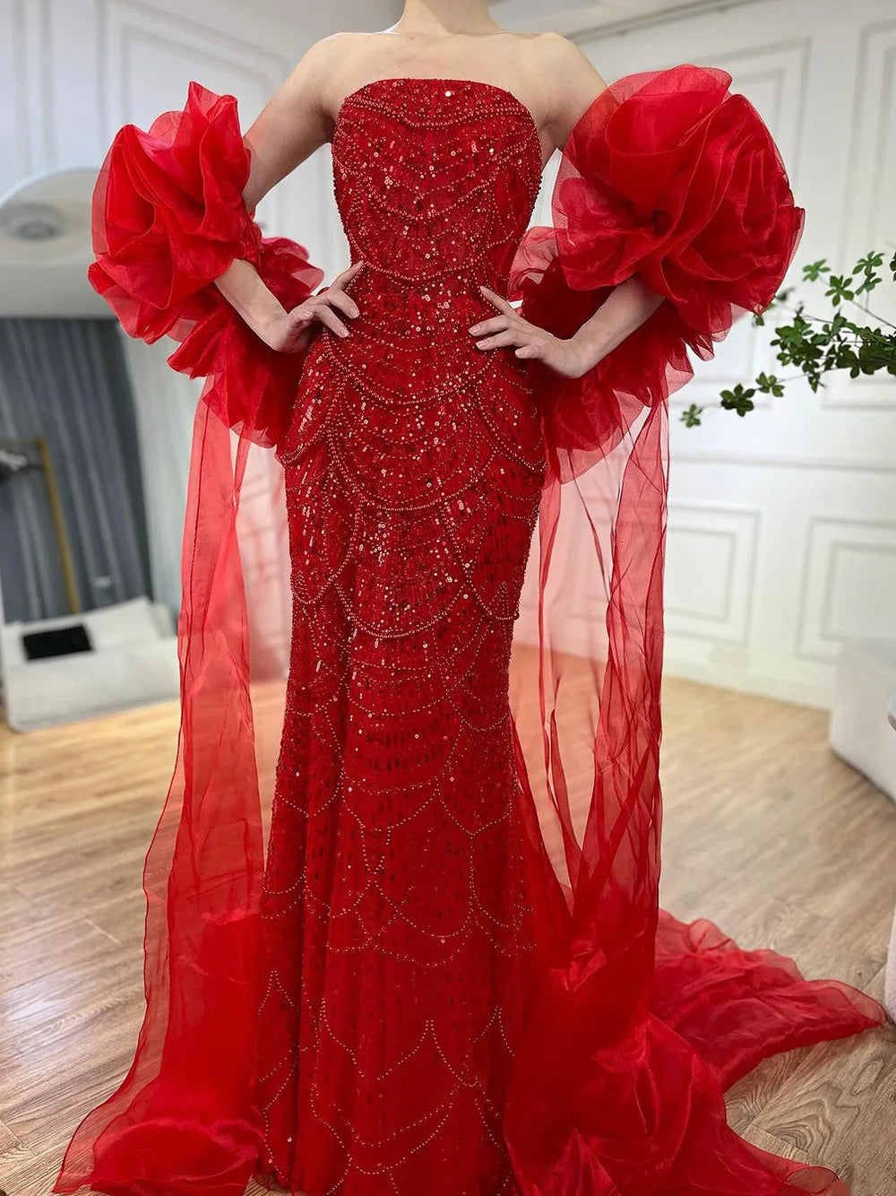 Elegant Red Mermaid Evening Gown with Puff Sleeves & Beaded Overskirt - Women's Formal Party Dress for Prom, Wedding, Gala & Special Occasions