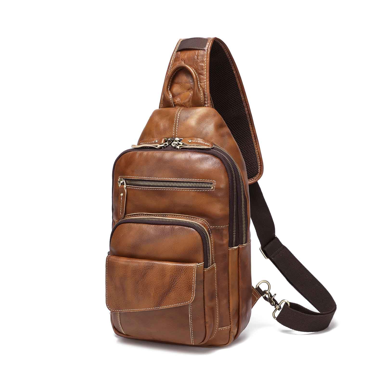 LANNSYNE Genuine Full Grain Leather Crossbody Sling Bag for Men - Waterproof Chest Shoulder Bag for Hiking, Travel & Business - Fits 12.9