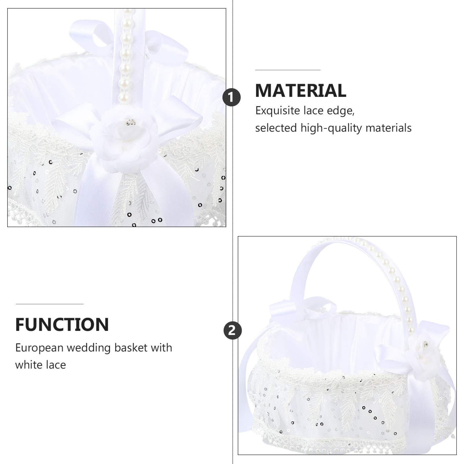 Elegant White Metal Wedding Basket with Lace Rose Sequins & Pearl Handle - 18x18x19cm Round Decorative Basket for Wedding Ceremony, Bridal Shower, Baby Shower & Home Decor