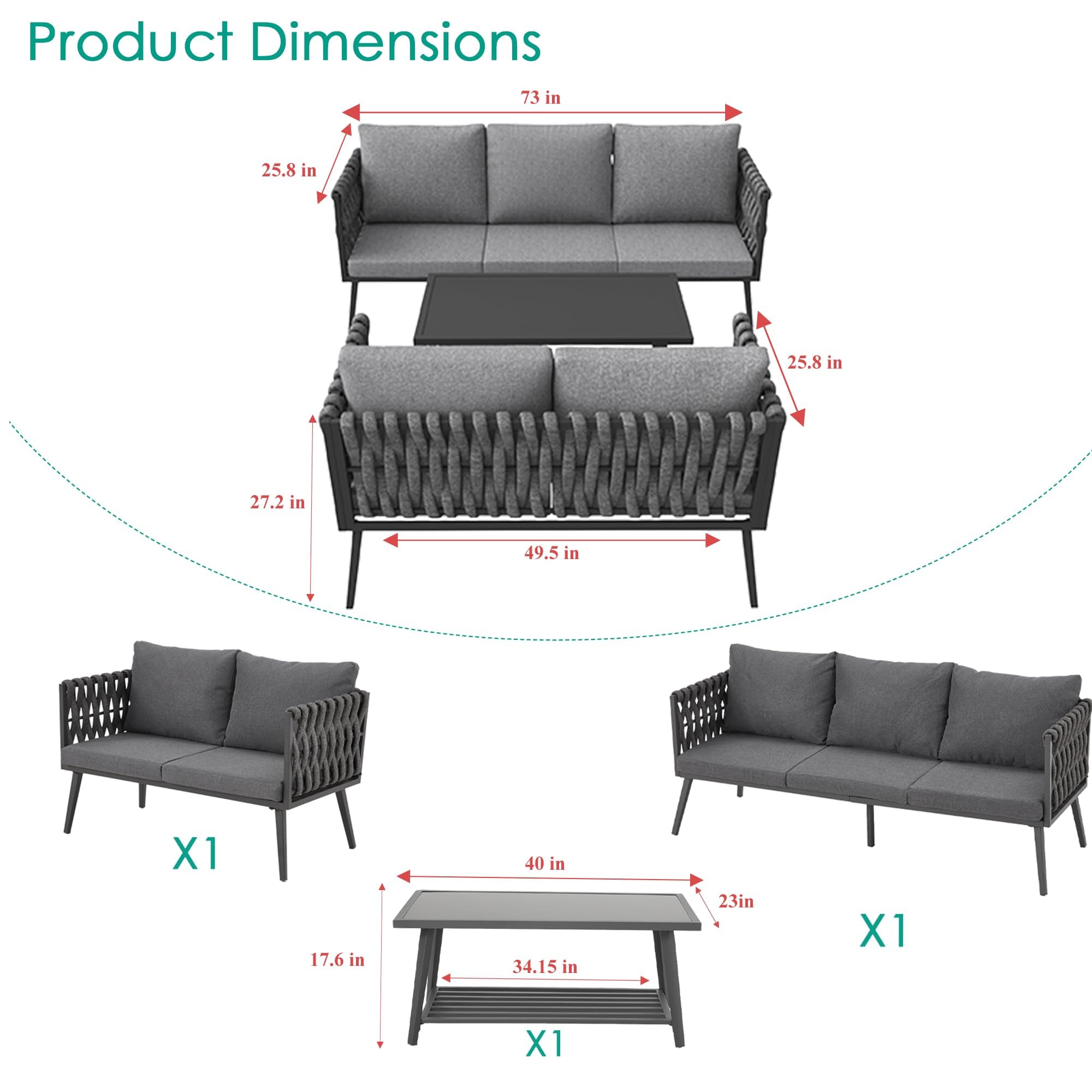 Modern 5-Piece Outdoor Patio Furniture Set - 3-Seater Sofa, Loveseat & Coffee Table - Durable Aluminum Frame with Woven Rope Design - Grey Conversation Set for Garden, Balcony, Yard - Perfect for Outdoor Entertaining & Relaxation
