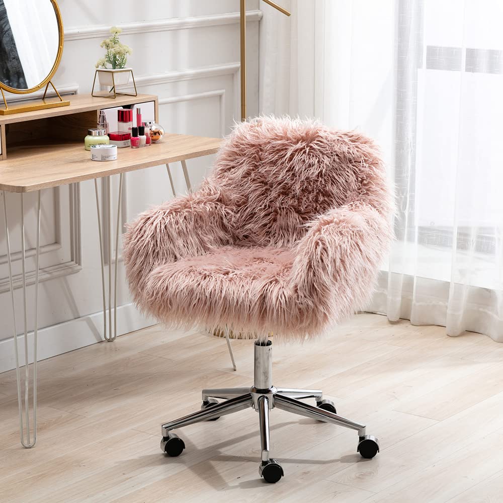 TYMMC Pink Faux Fur Vanity Chair with 5 Casters - Modern Fluffy Upholstered Desk Chair for Girls, Home Office & Makeup Station - Soft Decorative Furniture for Bedroom, Dressing Room & Beauty Salon