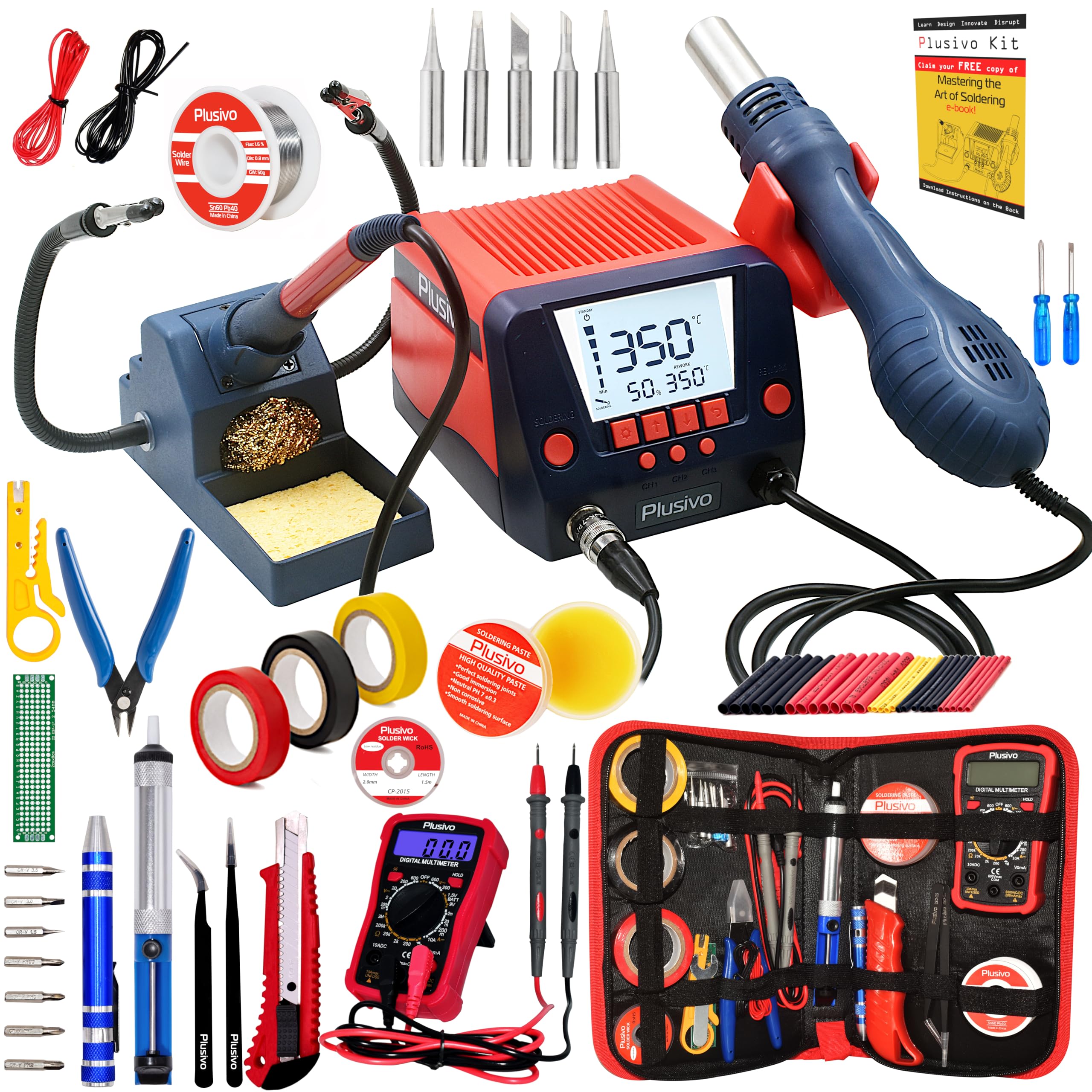 Digital Soldering Iron Station with Hot Air Rework & 2 Helping Hands - 5 Replaceable Tips, Auto Sleep, °C/°F Conversion - Complete Electronics Repair Kit with Multimeter for DIY Projects & Circuit Board Repair