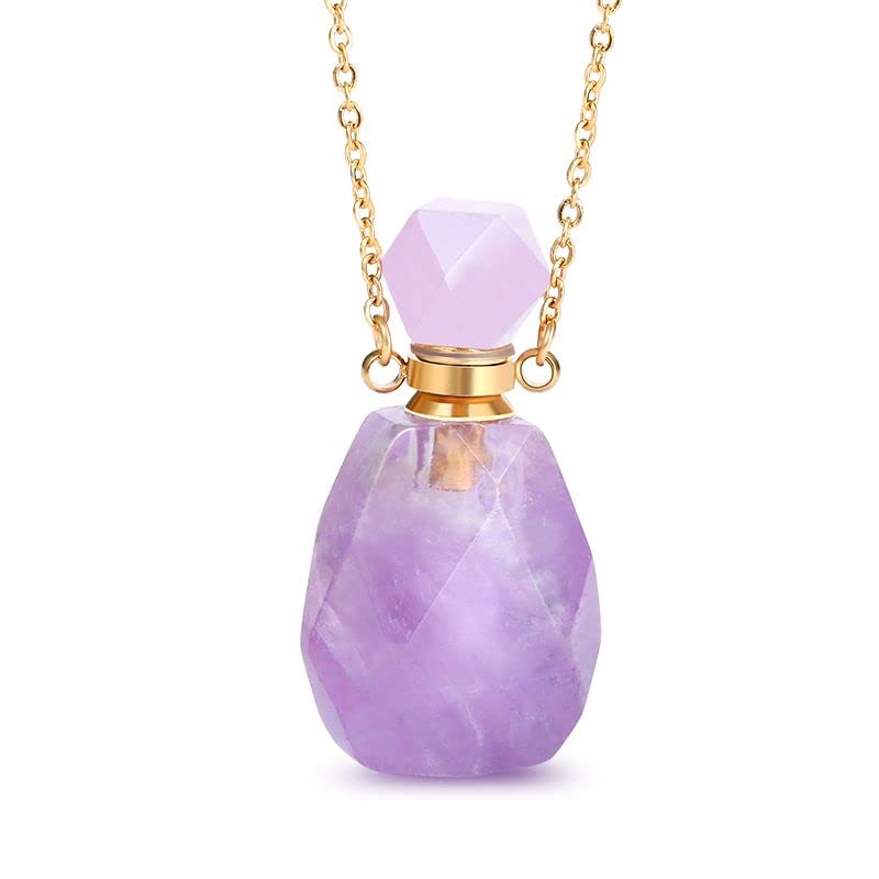 Jeulia Rose Quartz & Amethyst Essential Oil Bottle Pendant Necklace - Natural Healing Crystal Jewelry for Women | Perfect for Meditation, Yoga & Spiritual Gifts